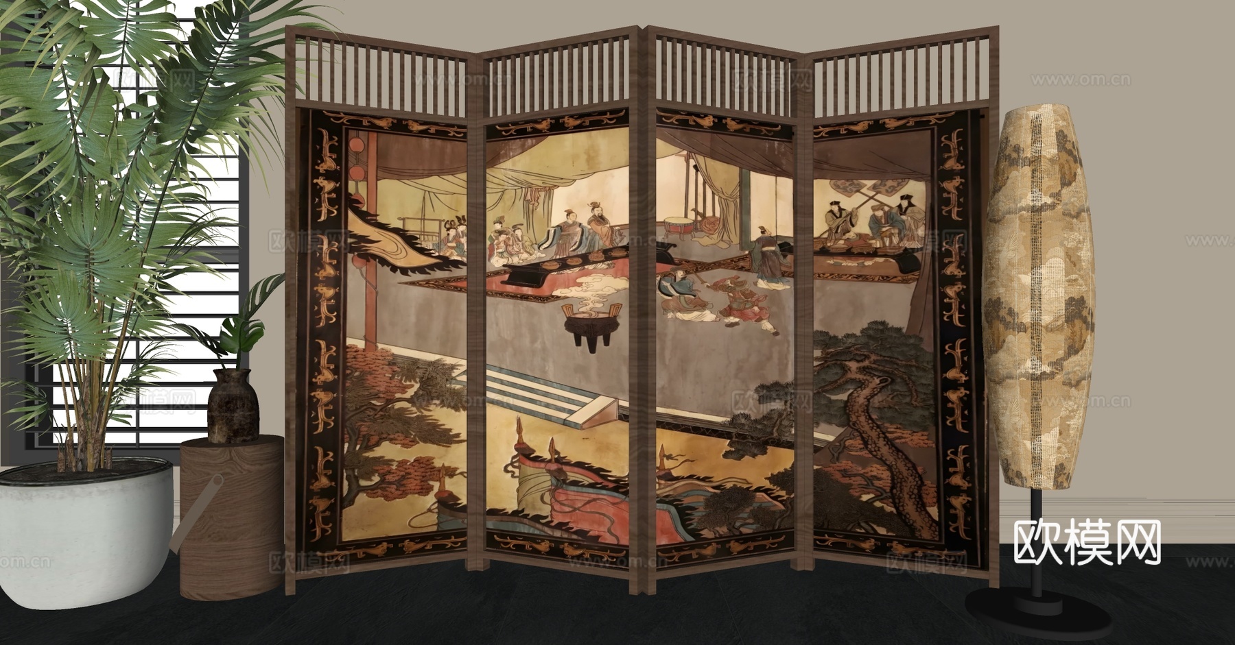 复古中古屏风 中古风屏风 新中式屏风 横幅屏风 屏风隔断su模型