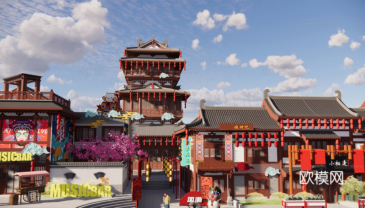 新中式商业街 新中式仿古建筑 古建 街道景观su模型