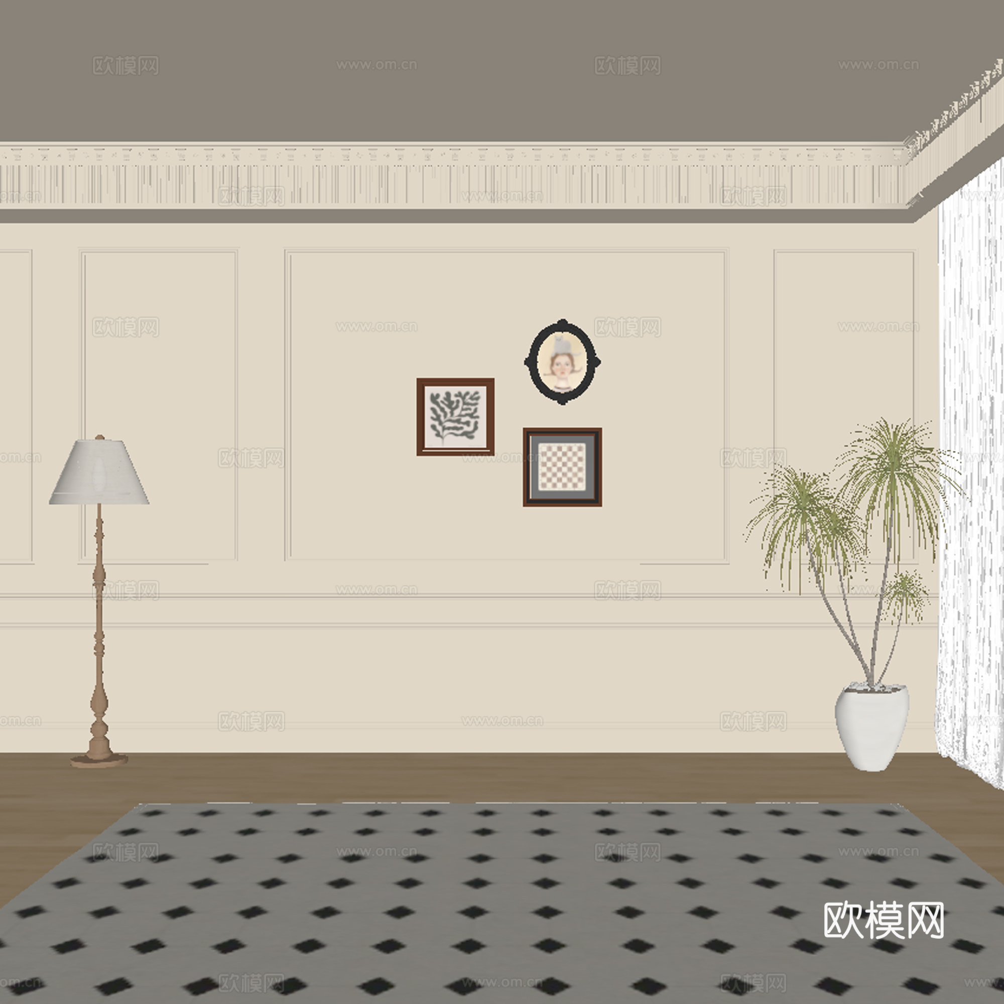中古风餐厅背景墙su模型