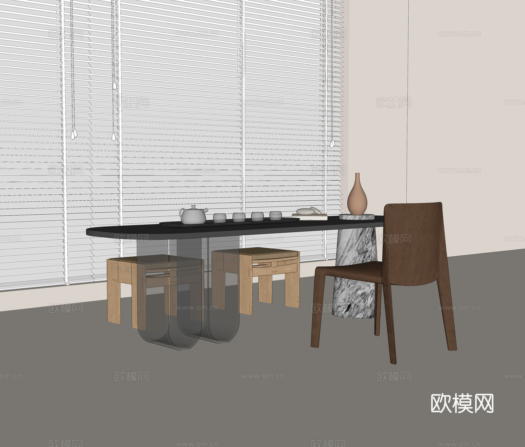 现代茶桌 皮质单椅 实木方凳 亚克力桌脚 茶壶茶杯 茶具组合su模型