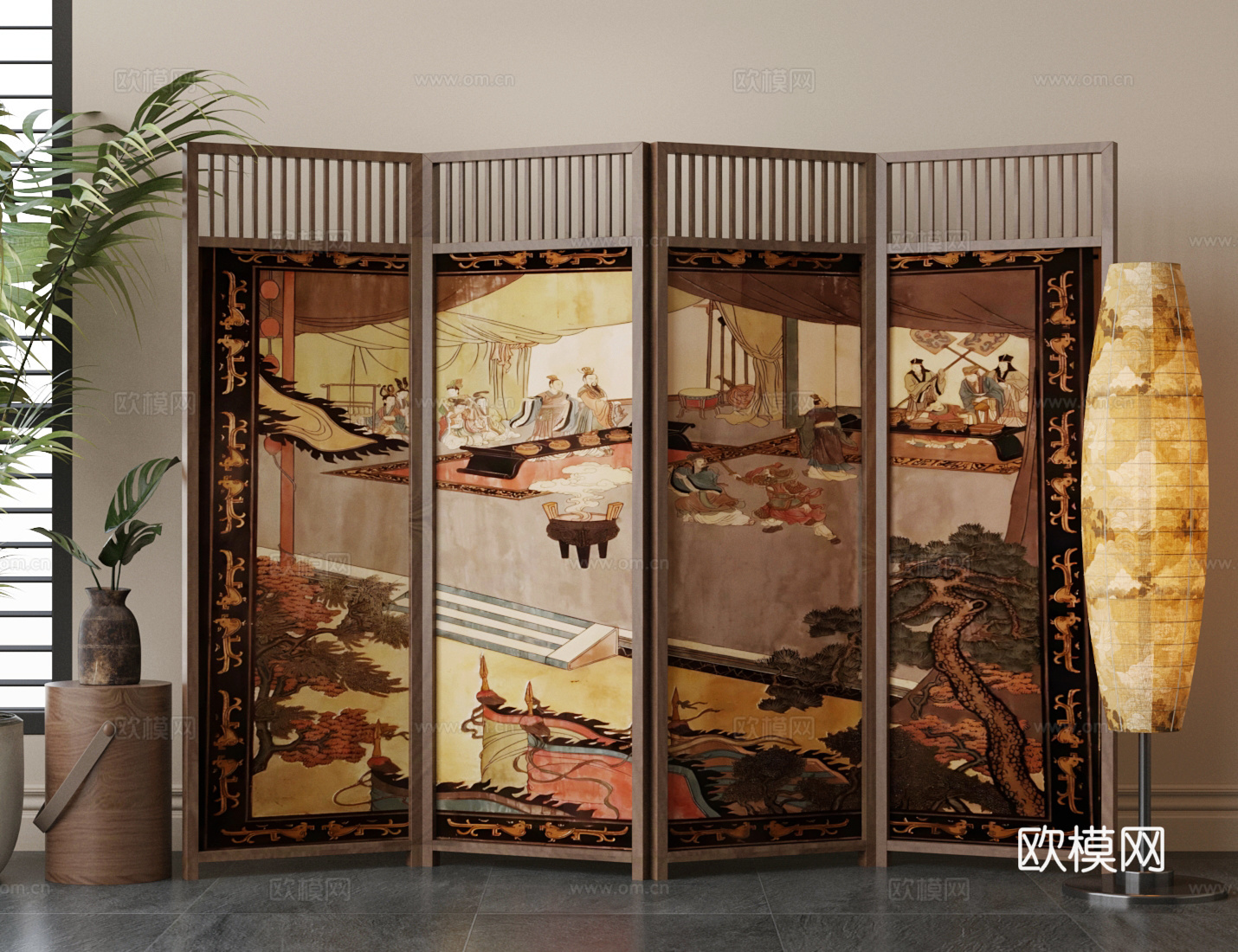 复古中古屏风 中古风屏风 新中式屏风 横幅屏风 屏风隔断3d模型