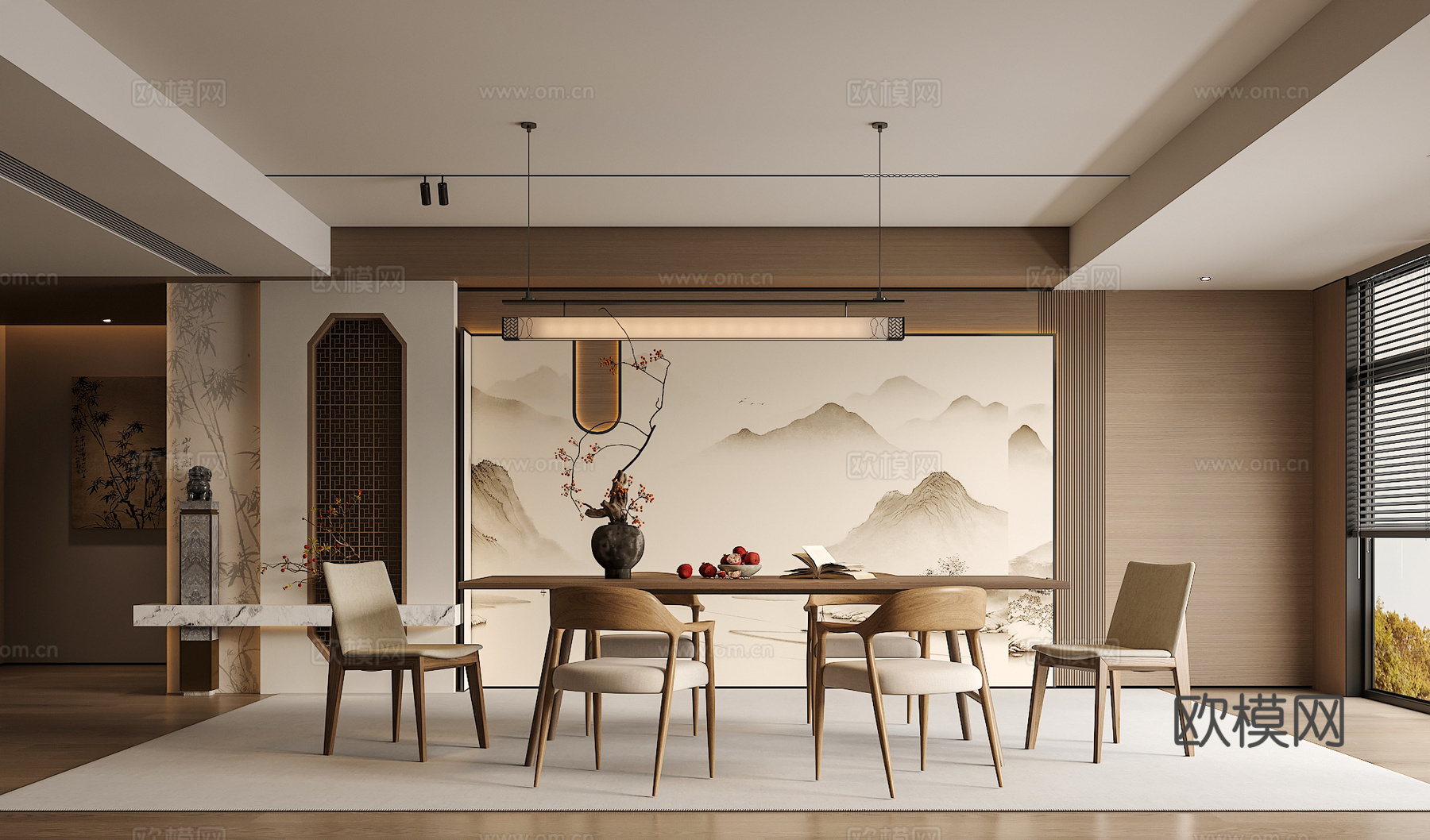宋氏中古风餐厅 餐桌椅组合 吊灯 绿植摆件 玄关柜su模型