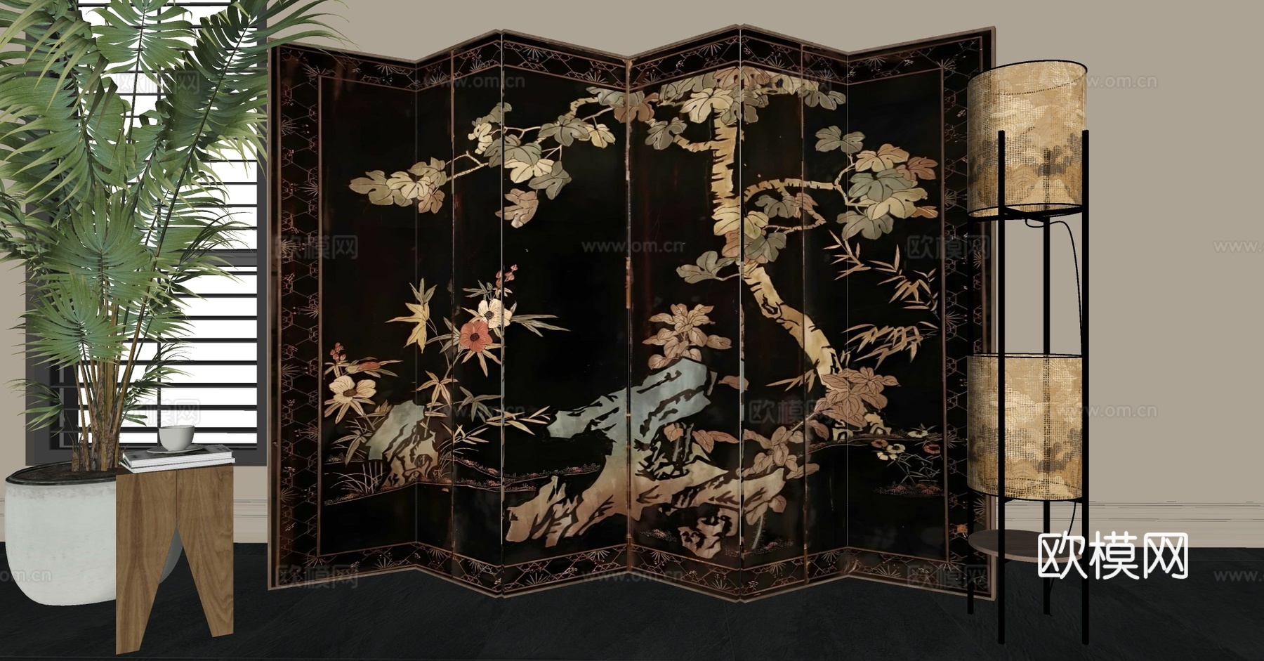复古中古屏风 中古风屏风 新中式屏风 横幅屏风 屏风隔断su模型