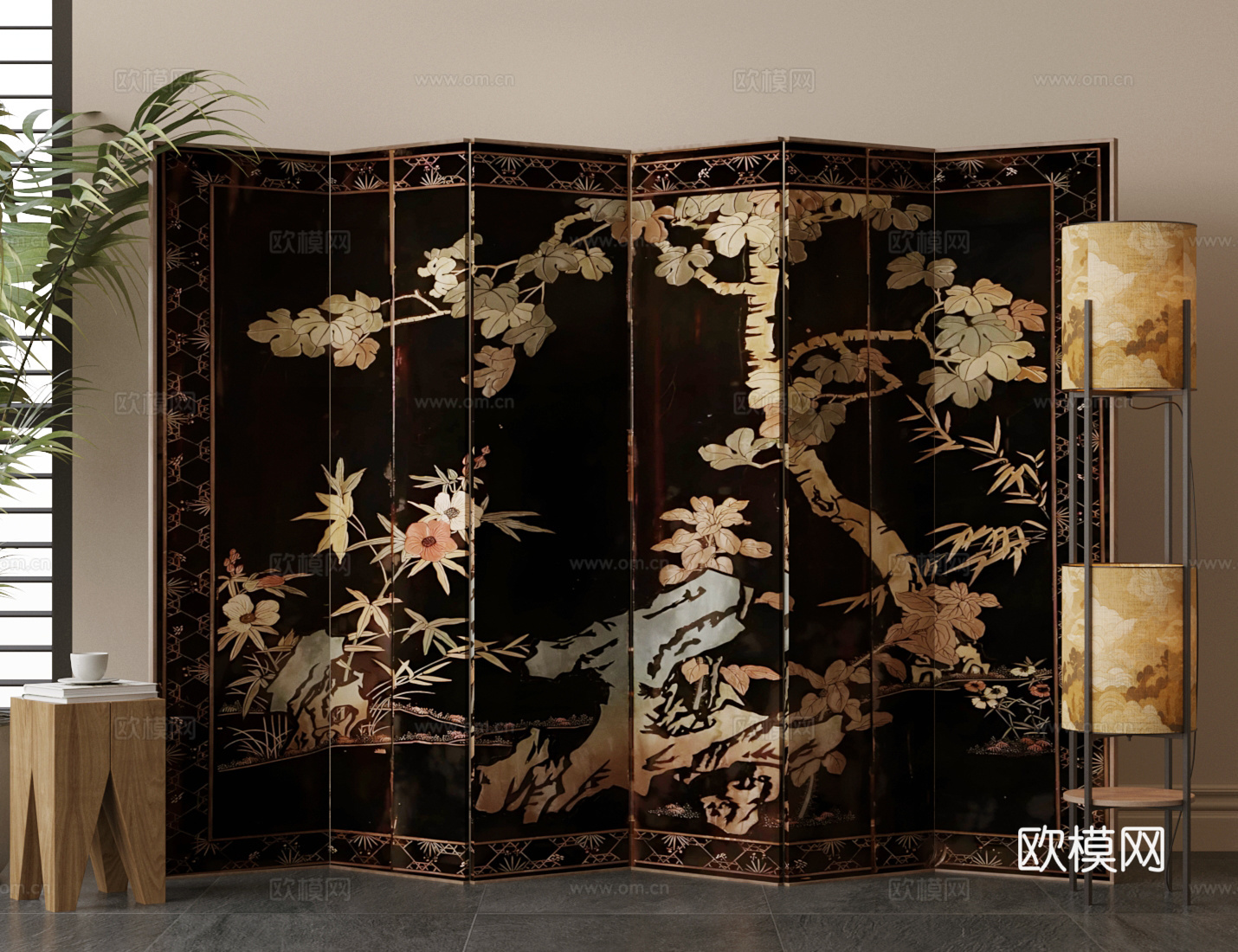 复古中古屏风 中古风屏风 新中式屏风 横幅屏风 屏风隔断3d模型