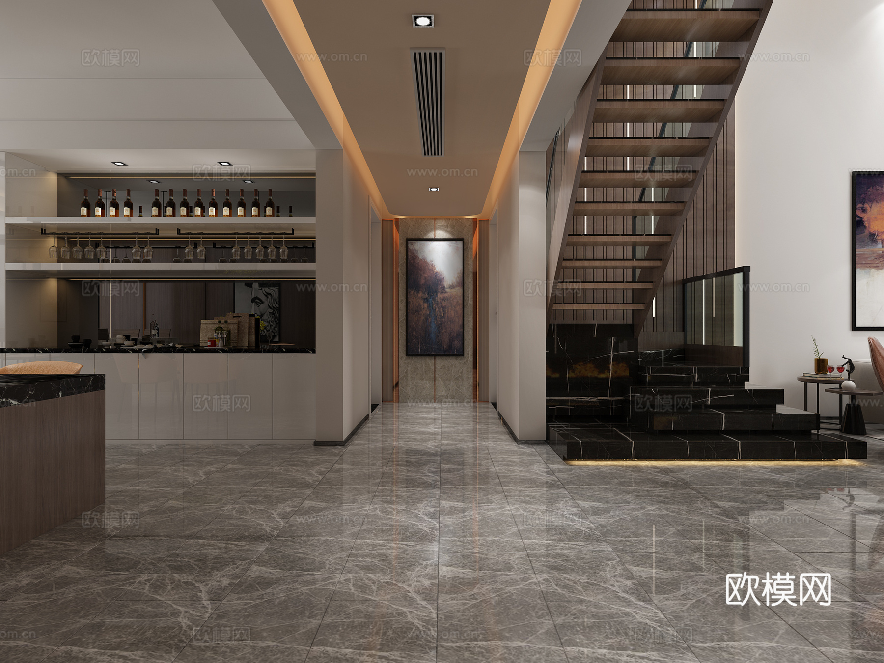 现代客厅 沙发茶几 餐桌餐椅 酒柜吧台 楼梯 装饰画 吊3d模型