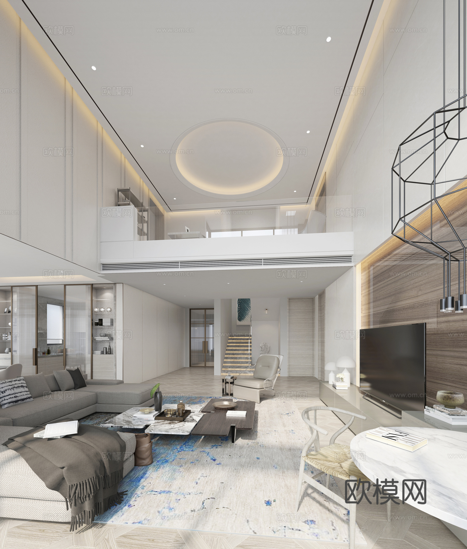 现代别墅客厅 餐厅 沙发 吊灯 餐桌椅3d模型