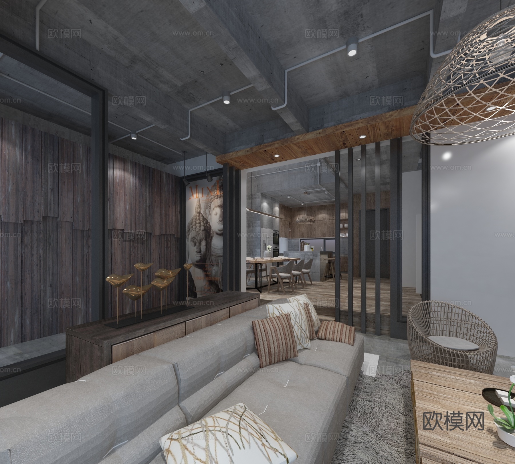 工业风别墅 客餐厅 沙发 loft空间3d模型