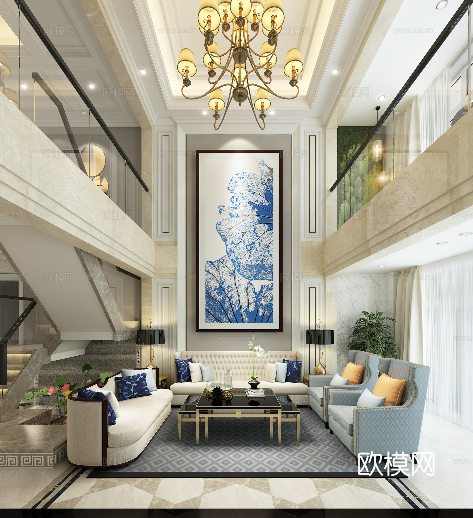 简欧别墅客厅餐厅玄关厨房休闲区书房阳台楼梯间沙发餐桌椅吊3d模型