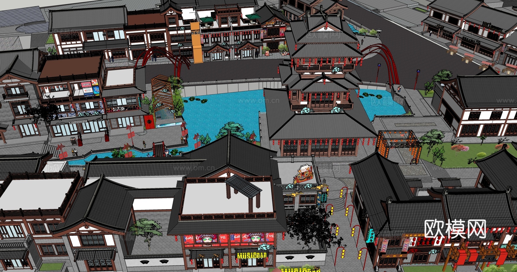 新中式商业街 新中式仿古建筑 古建 街道景观su模型