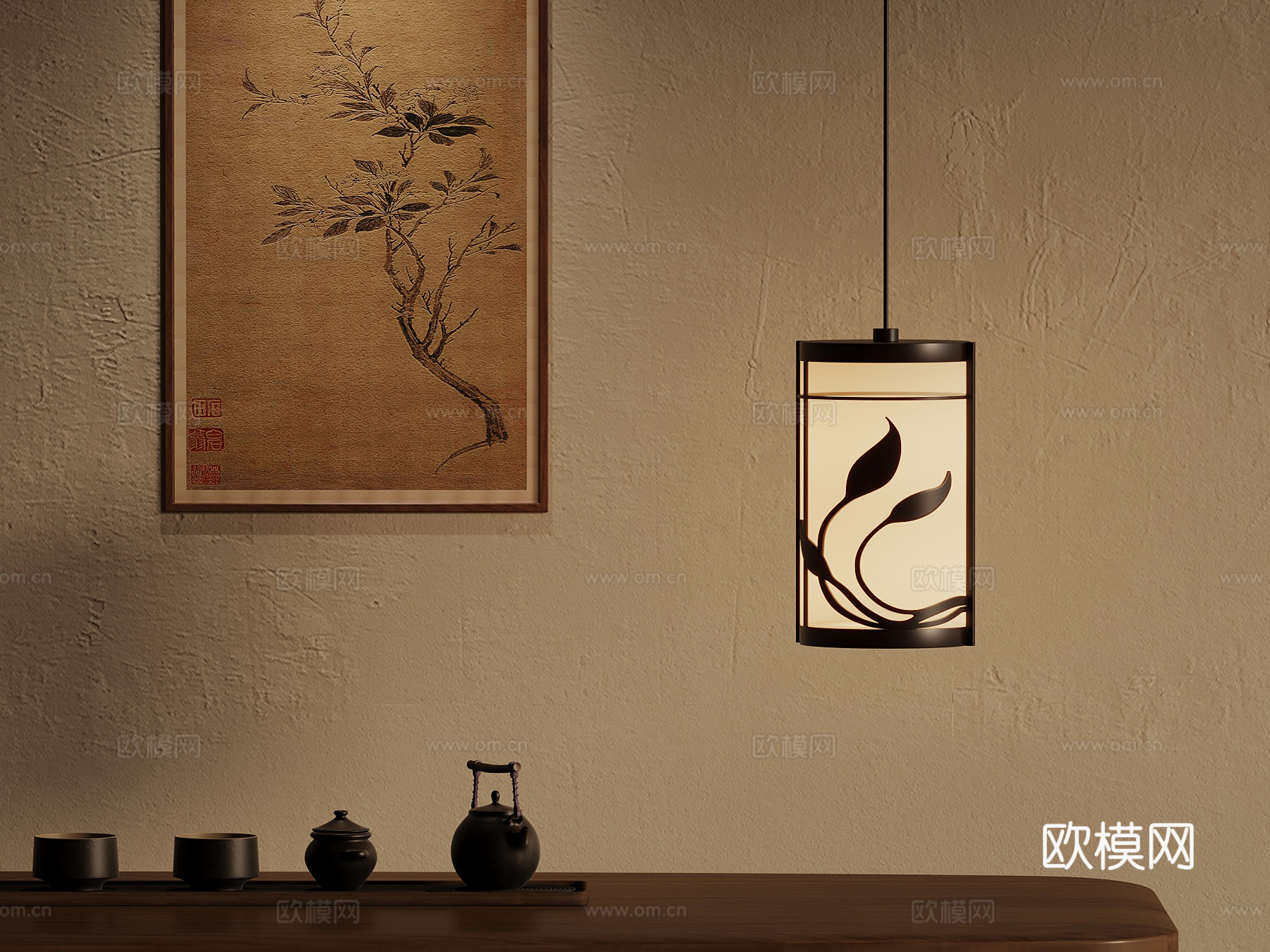 新中式吊灯 装饰画 茶具3d模型