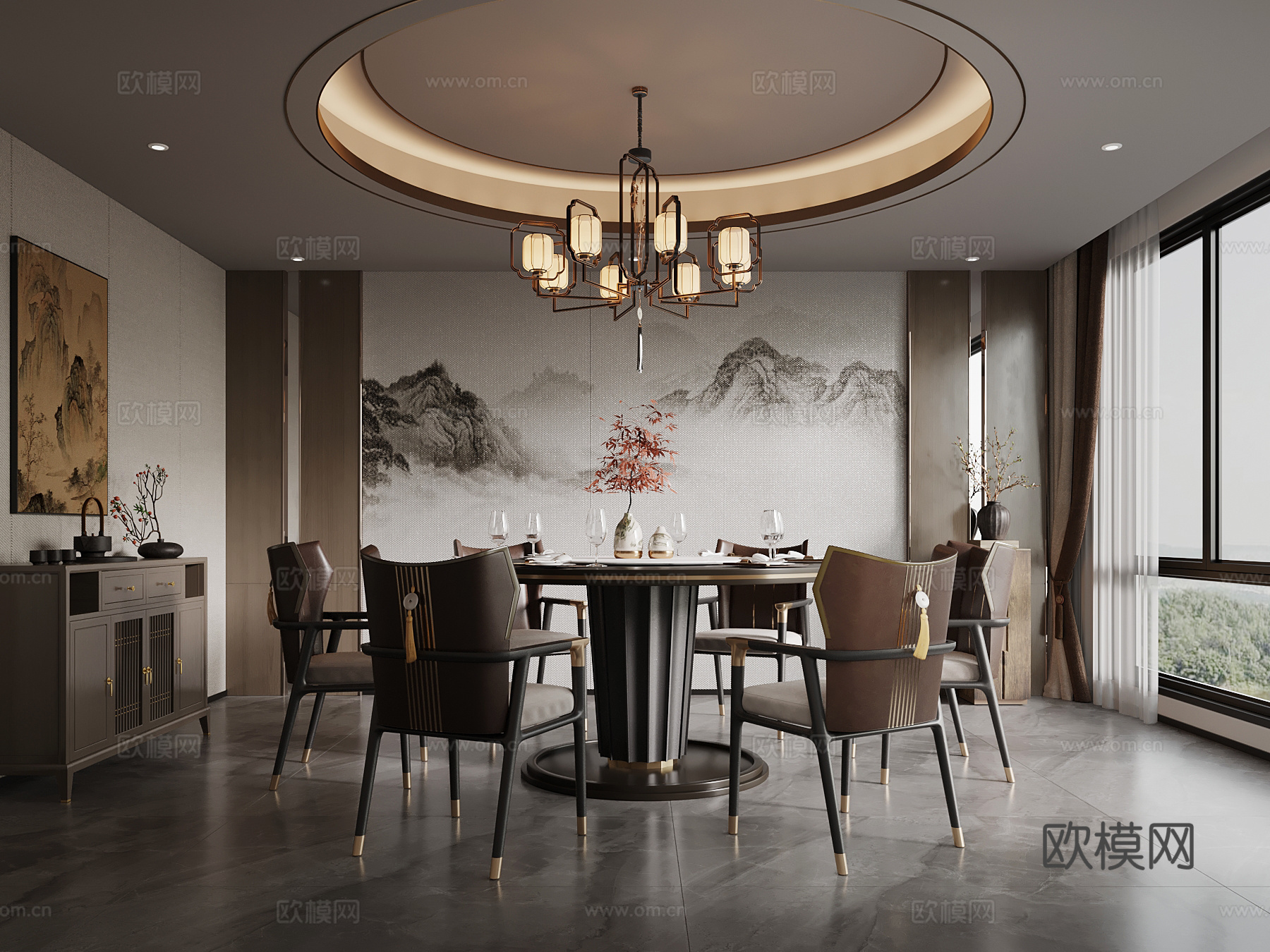 新中式餐厅 餐桌椅 餐边柜 吊灯3d模型