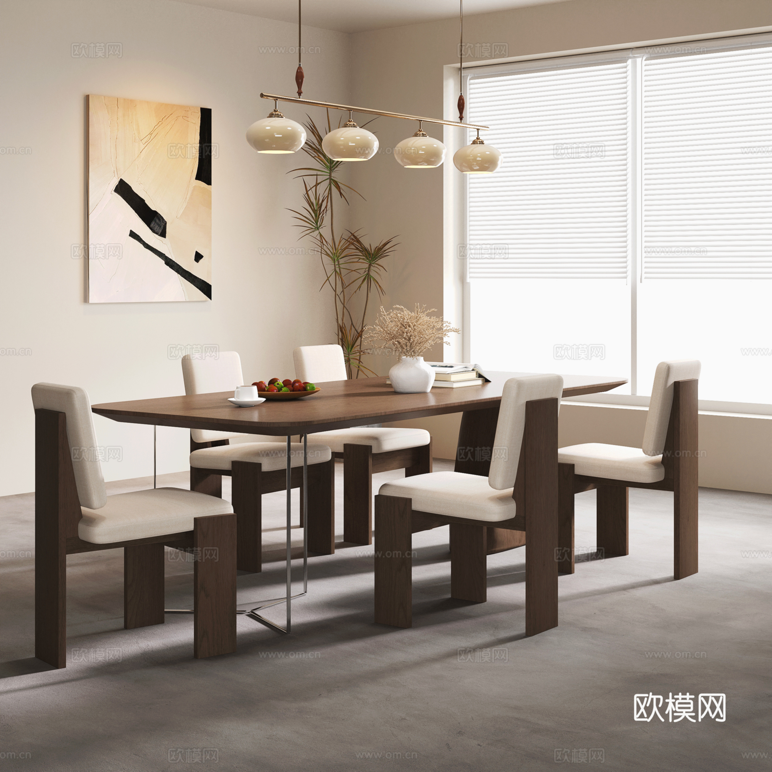 中古风餐桌椅 吊灯 装饰画su模型