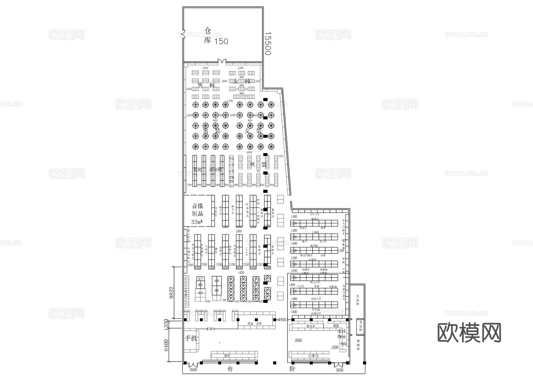 服装百货超市平面图cad施工图