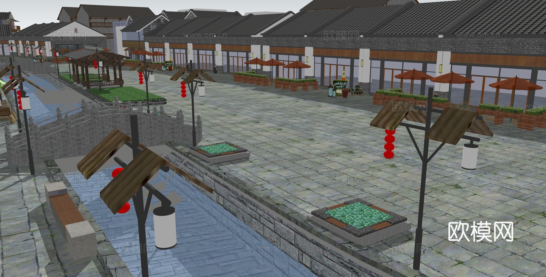新中式商业街 新中式仿古建筑 古建 街道景观su模型