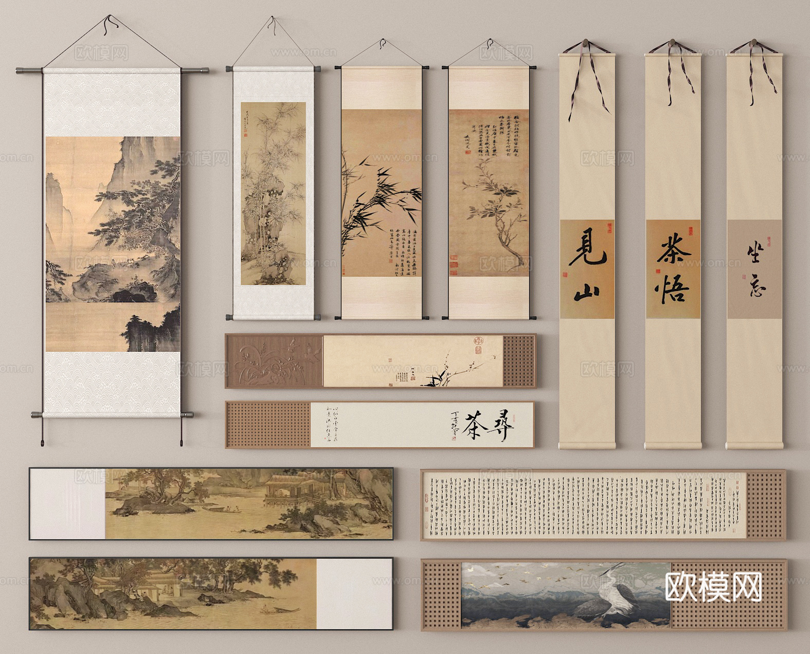 中式水墨画 字画 国画 卷轴画 挂画组合 毛笔字3d模型