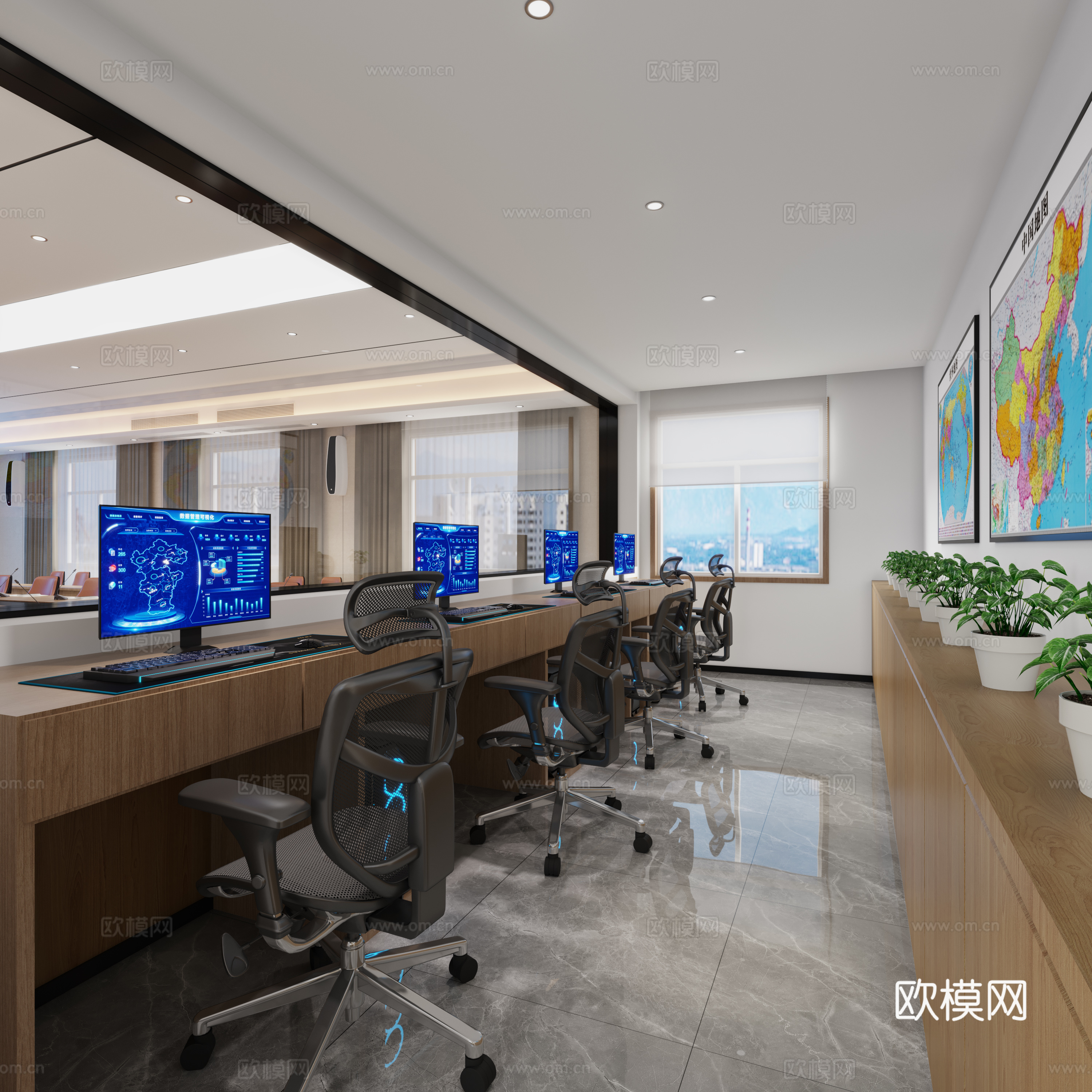 现代会议室 控制室 过道空间3d模型