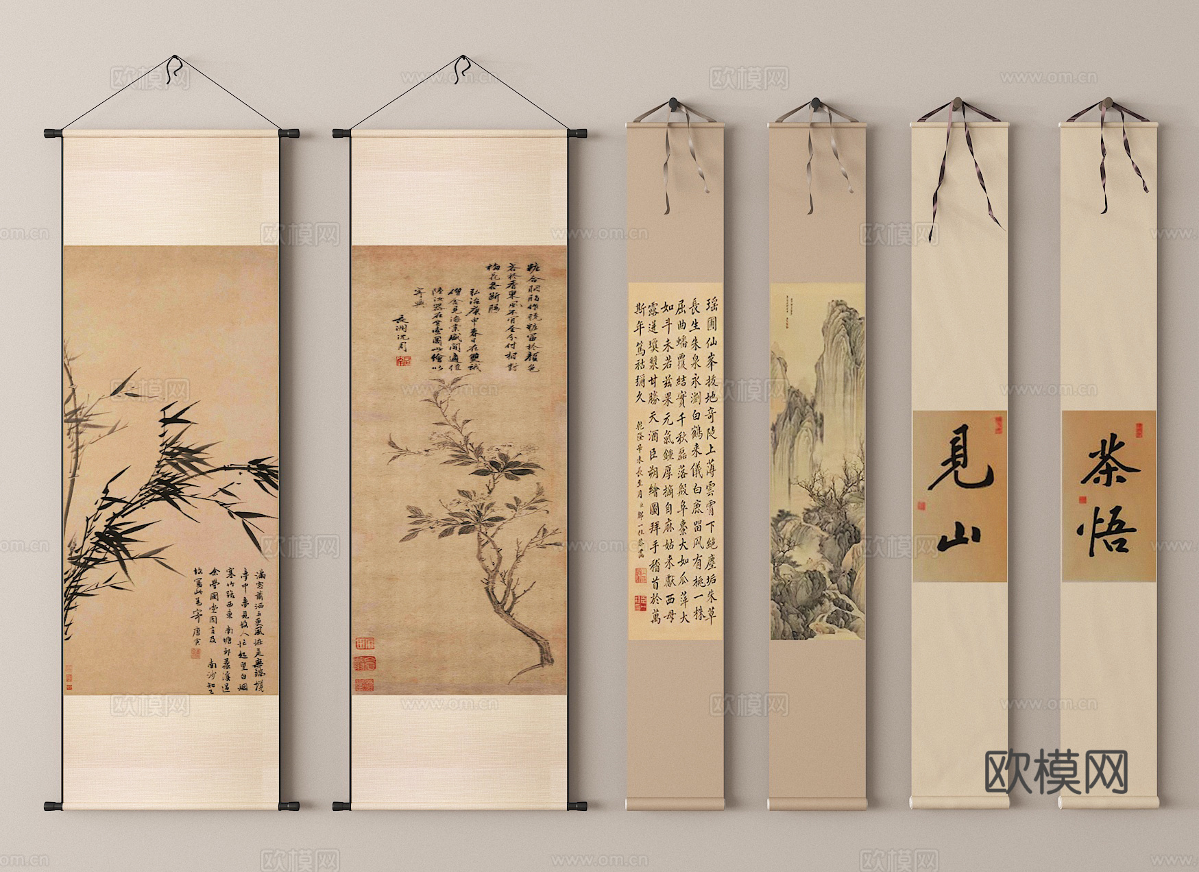 中式水墨画 字画 国画 卷轴画 挂画组合 毛笔字3d模型