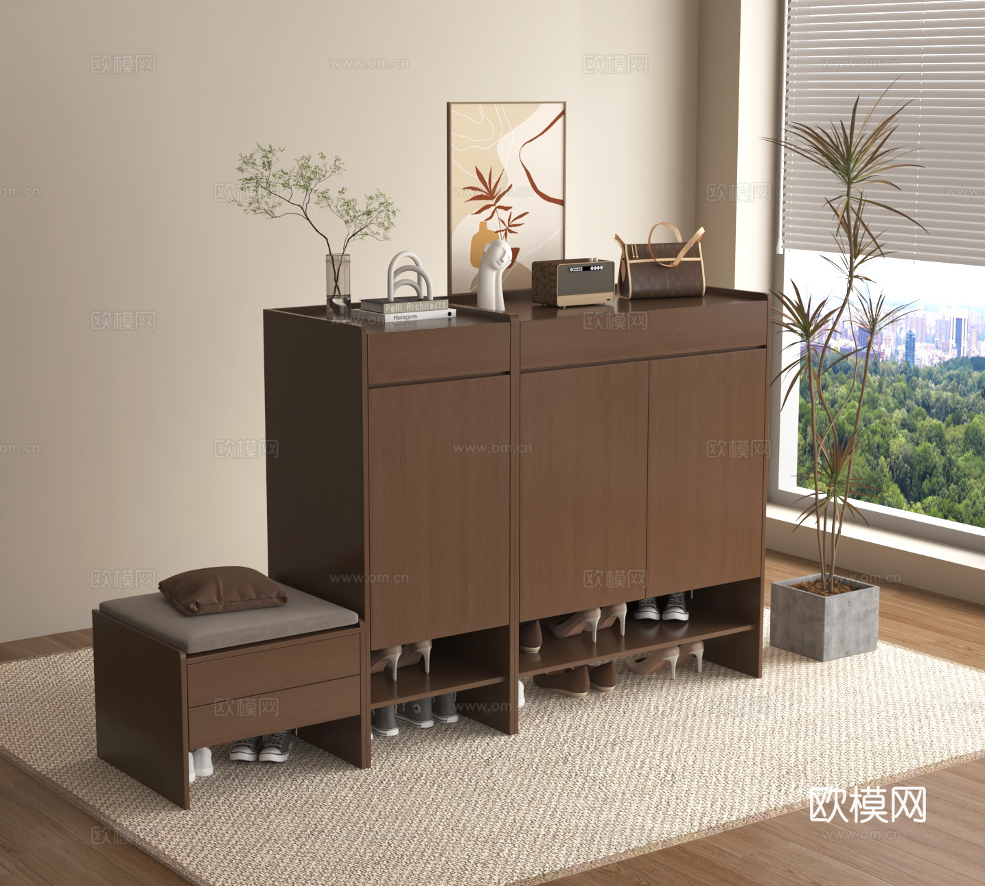 鞋柜 玄关柜 花艺花瓶 摆件饰品 换鞋凳3d模型
