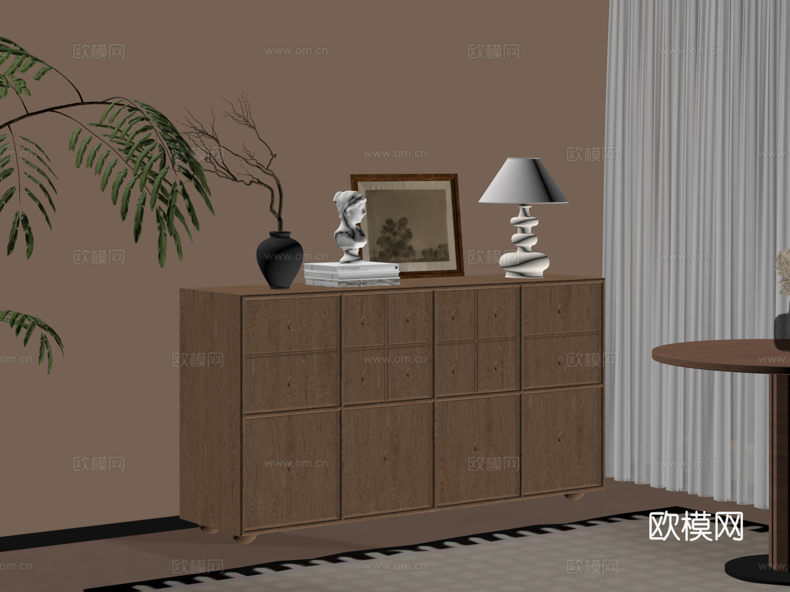 玄关柜 中古风玄关柜 餐边柜 绿植su模型