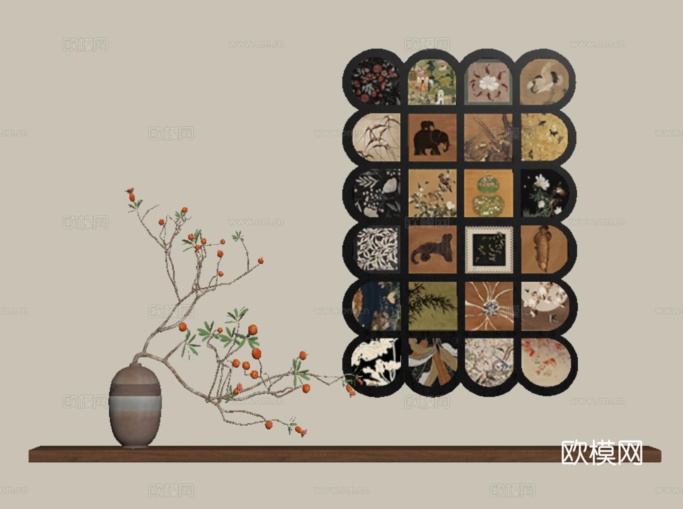 中古复古挂画 装饰画 壁画 玄关画su模型