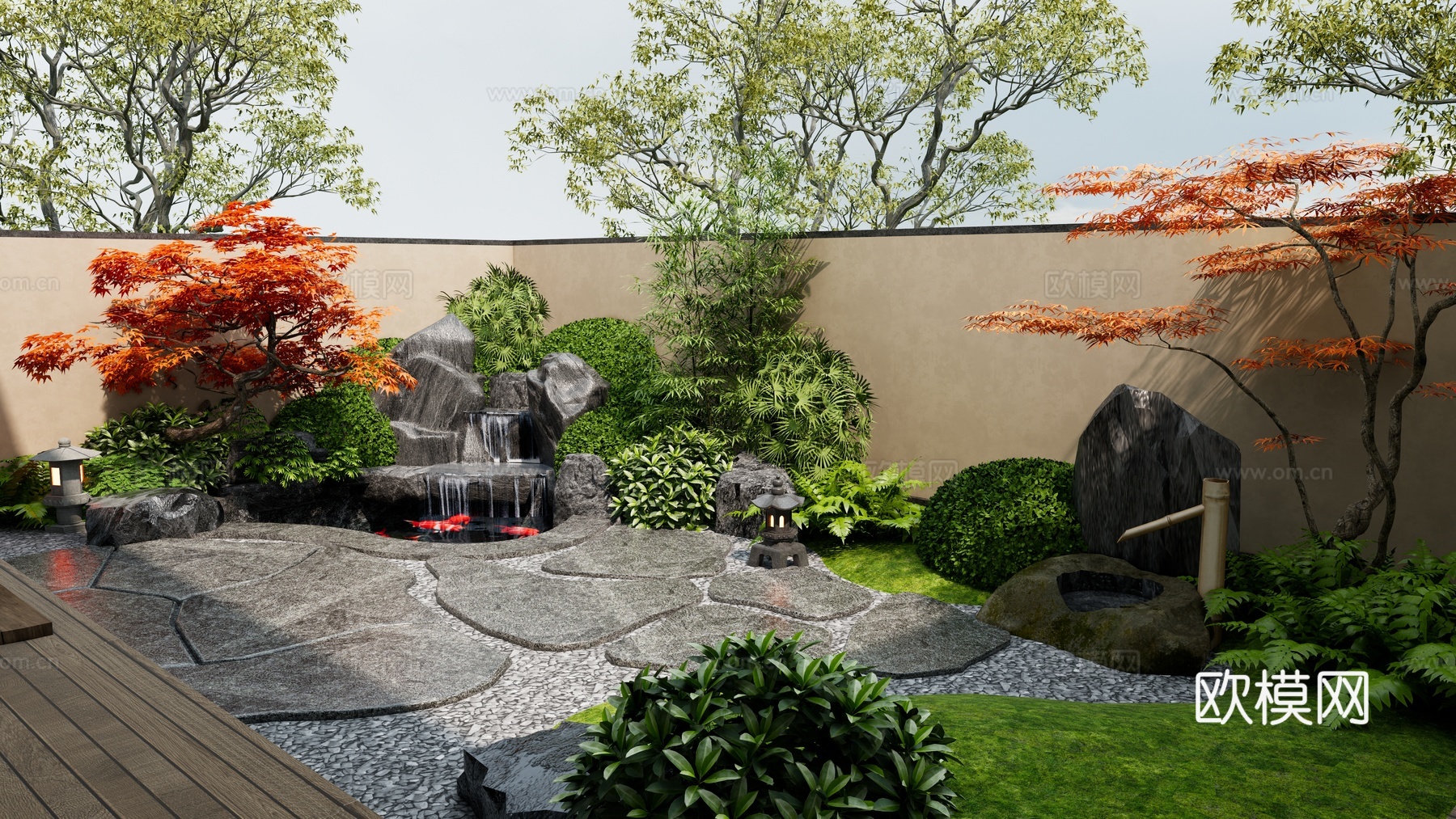 日式庭院花园 假山水景 假山鱼池 石头 植物组合 枫树 枯山su模型