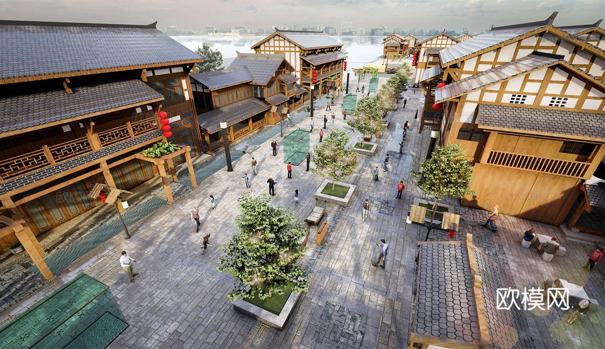 新中式商业街 新中式仿古建筑 古建 街道景观su模型