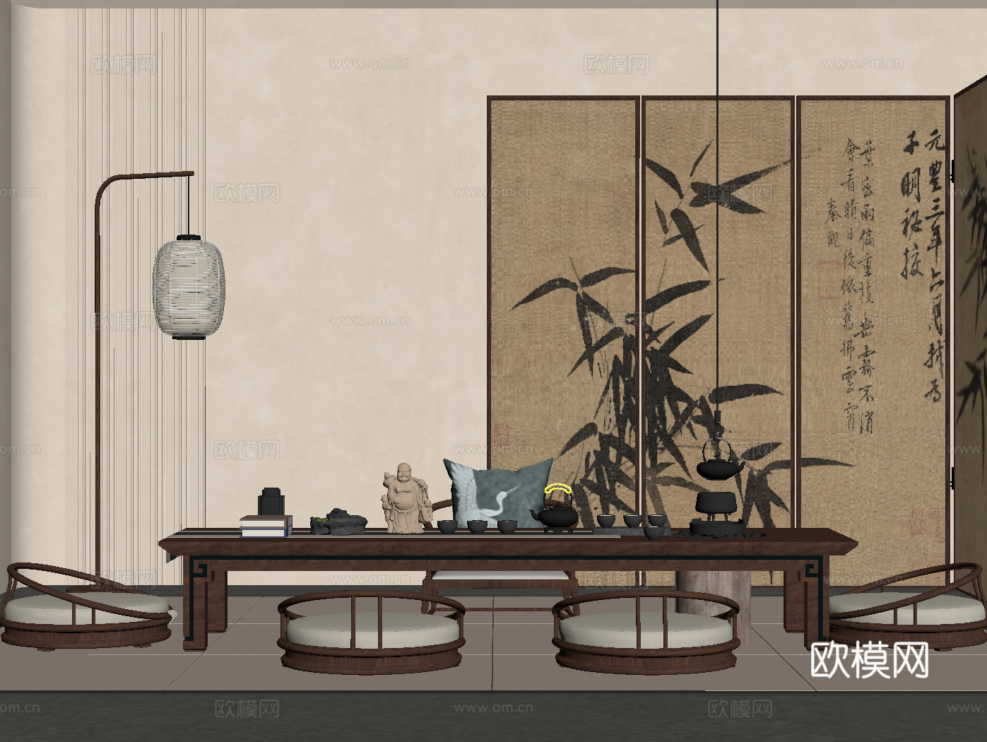 新中式茶室 茶桌椅su模型