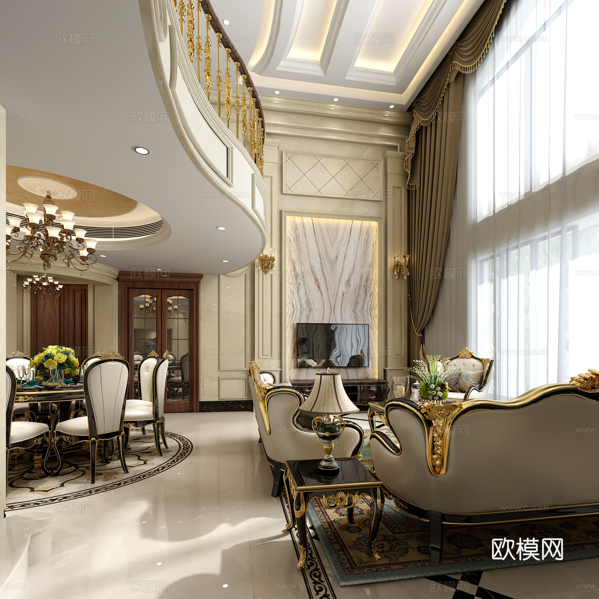 简欧欧式别墅客餐厅3d模型