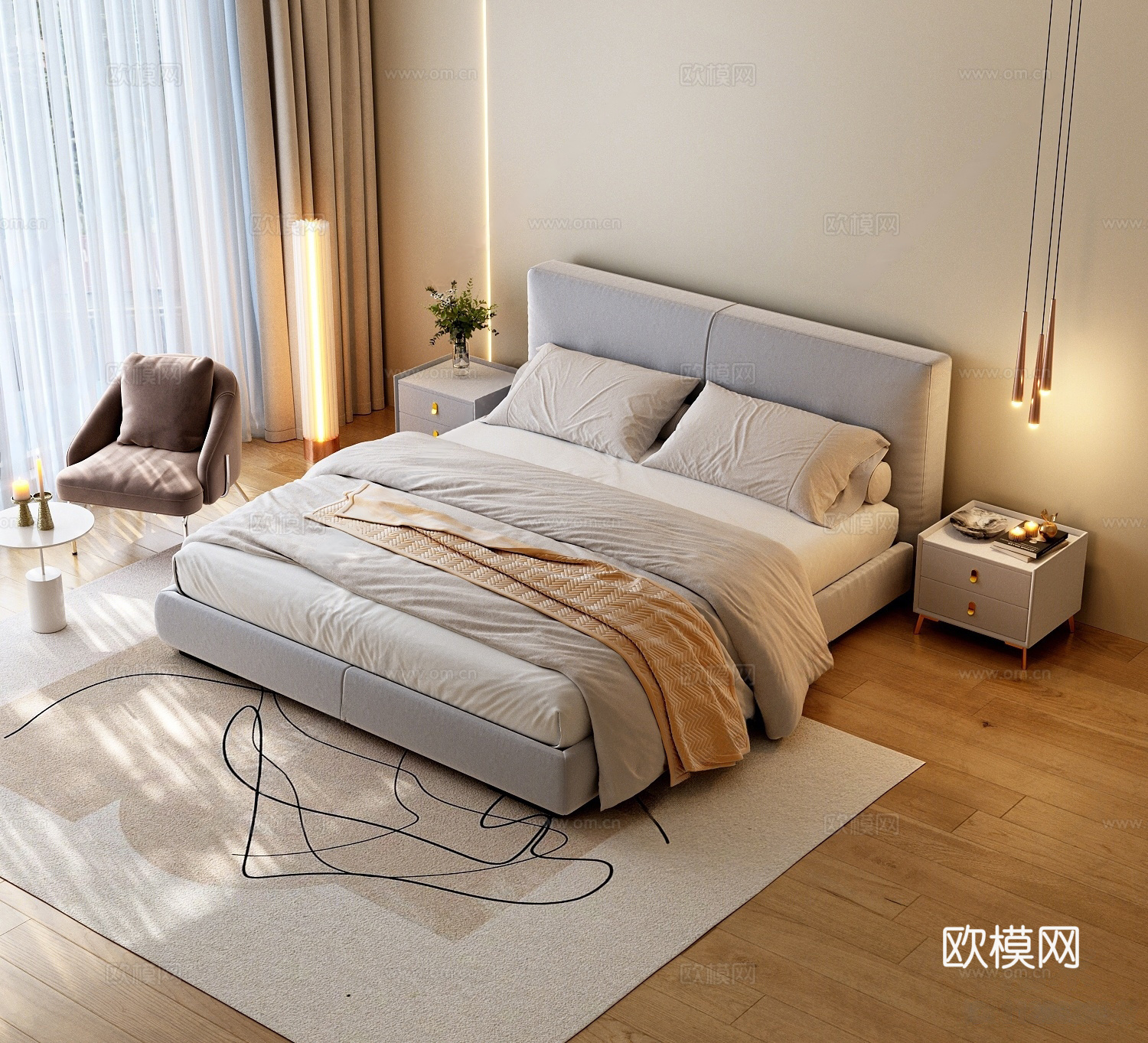 现代双人床 有床头靠背 落地窗 架子床 布艺床 主卧 主卧床3d模型