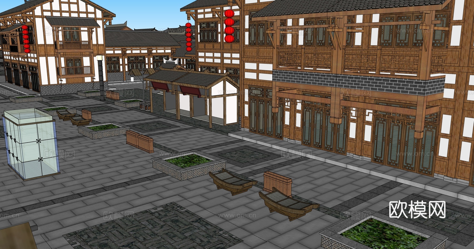 新中式商业街 新中式仿古建筑 古建 街道景观su模型