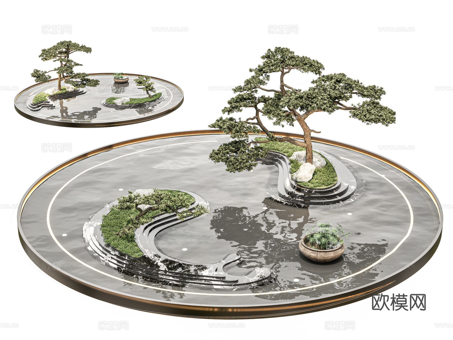 迎客松禅意水景 景观公园水景 小区示范区水景 喷泉水景庭院水su模型