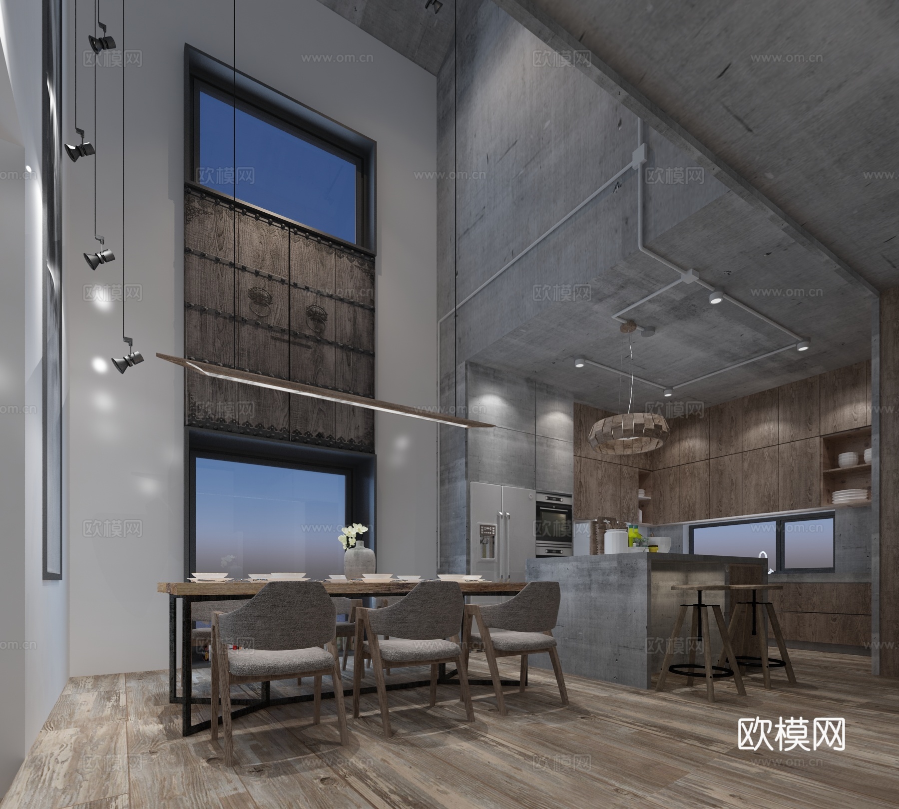 工业风别墅 客餐厅 沙发 loft空间3d模型