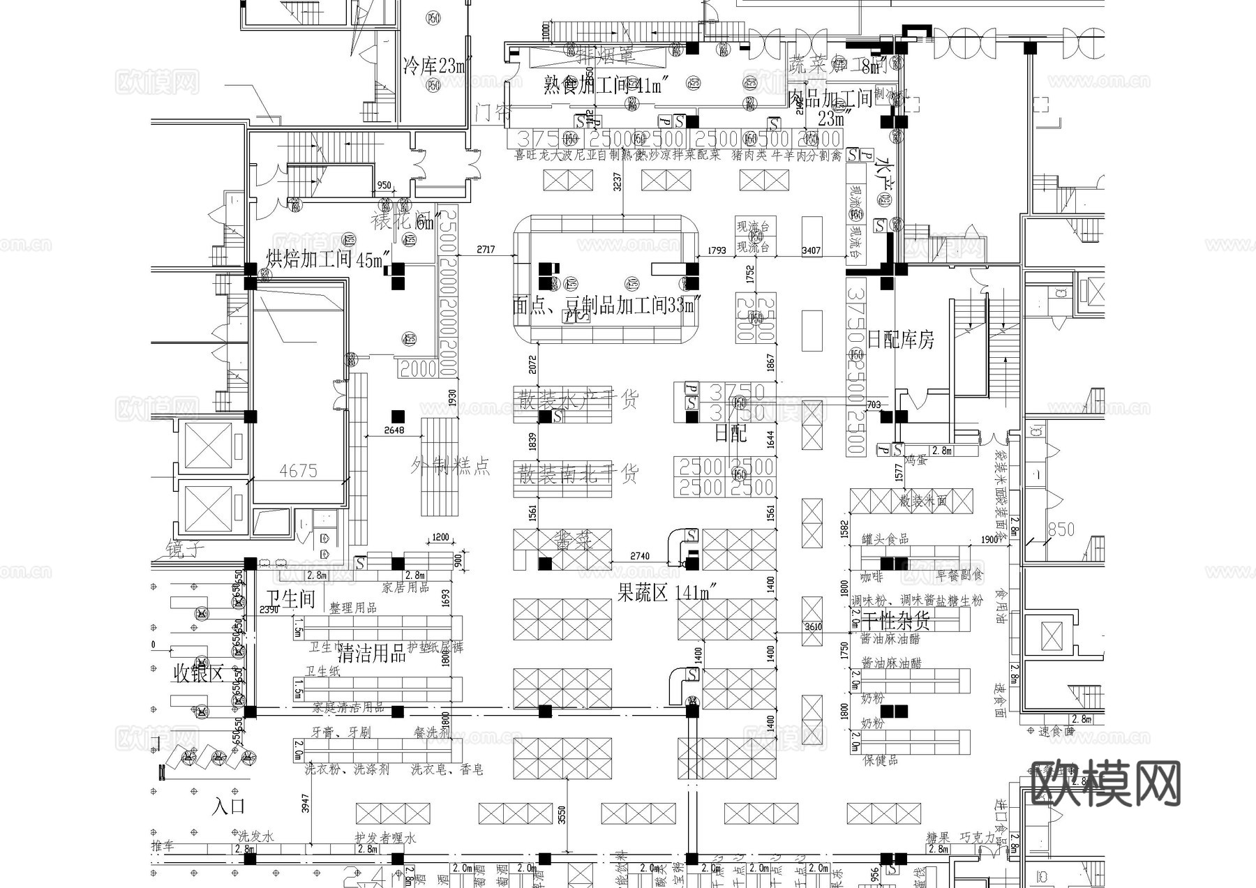 现代大型超市布局平面图cad施工图