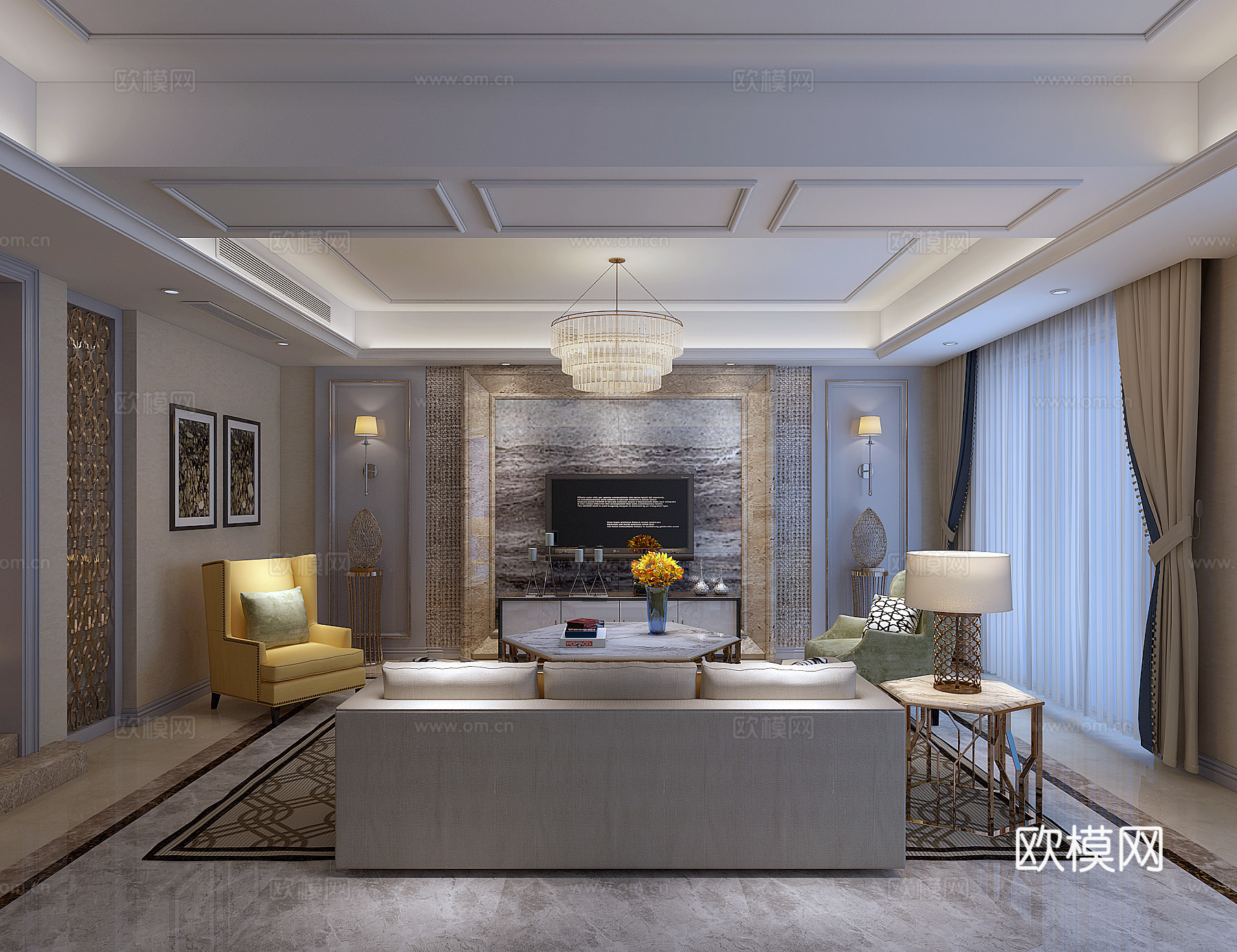 后现代轻奢客厅 沙发 地毯 电视柜 吊灯 壁灯 装饰画3d模型