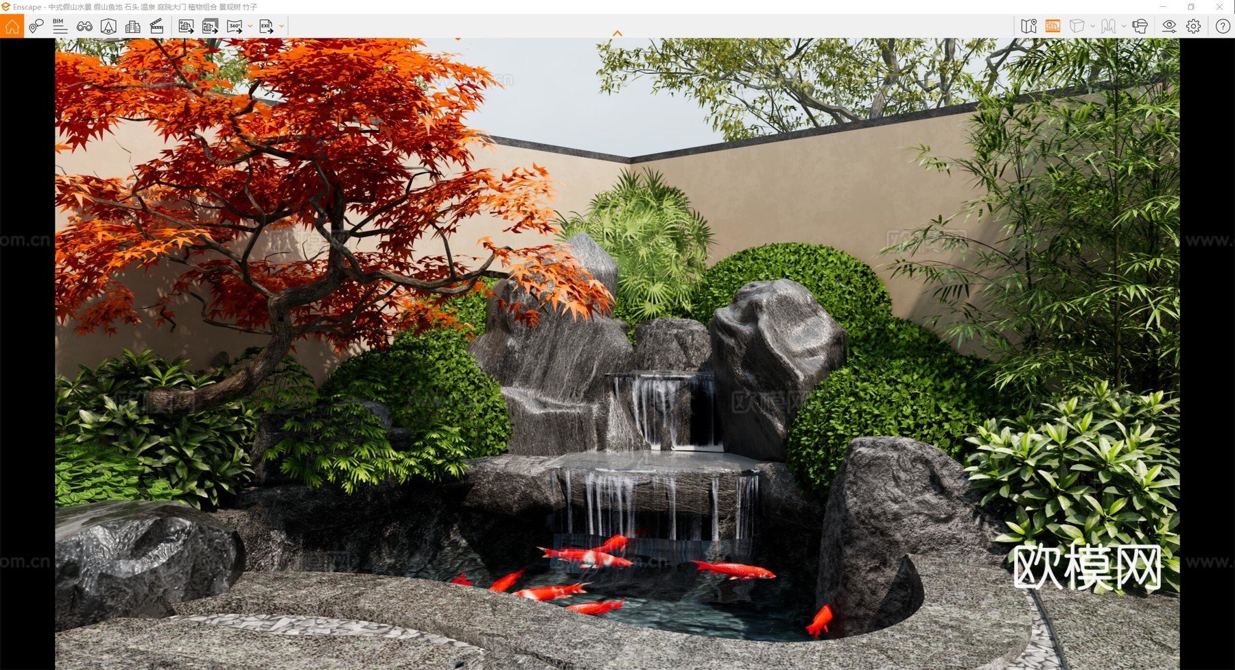 日式庭院花园 假山水景 假山鱼池 石头 植物组合 枫树 枯山su模型