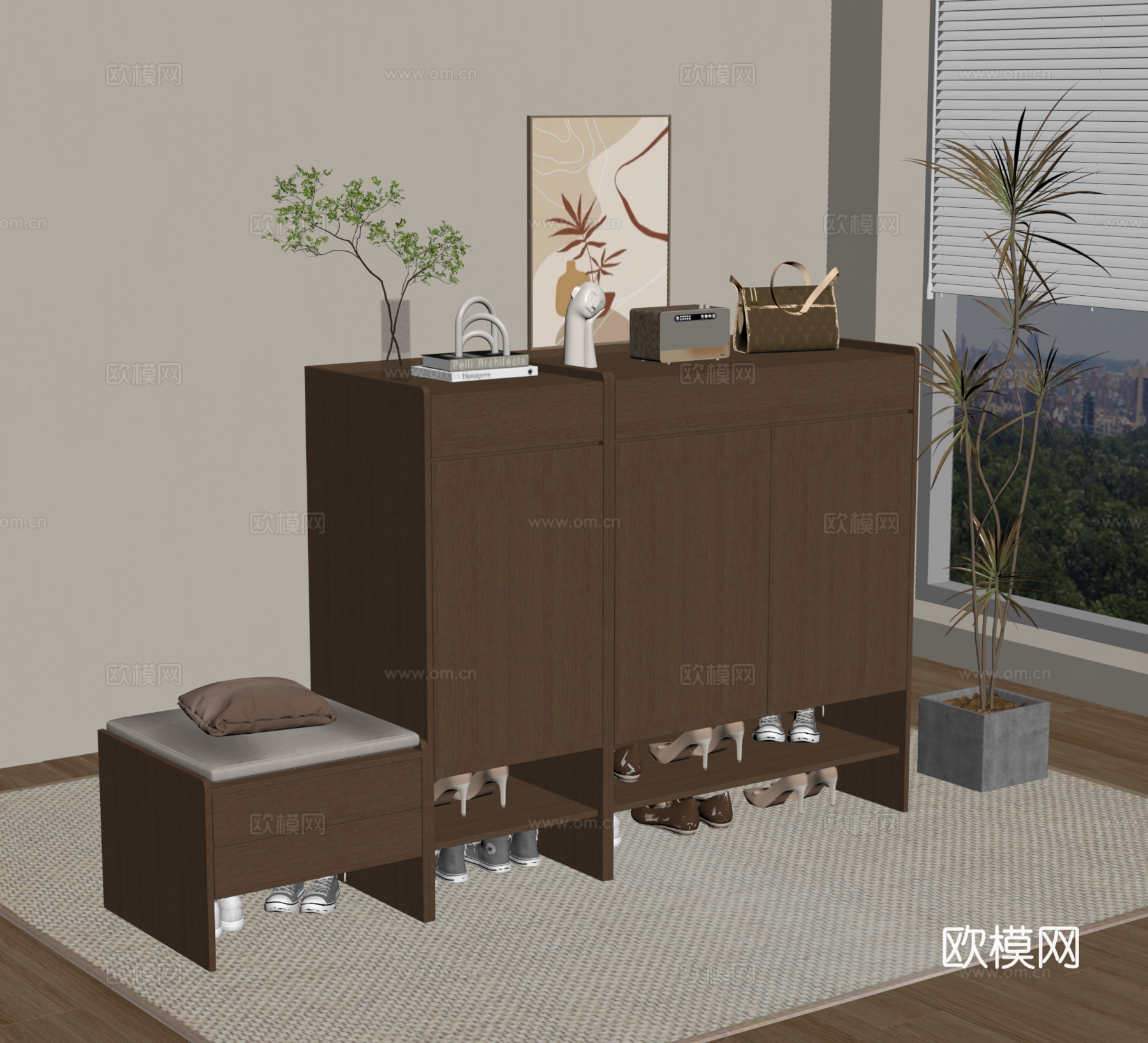 鞋柜 玄关柜 花艺花瓶 摆件饰品 换鞋凳su模型