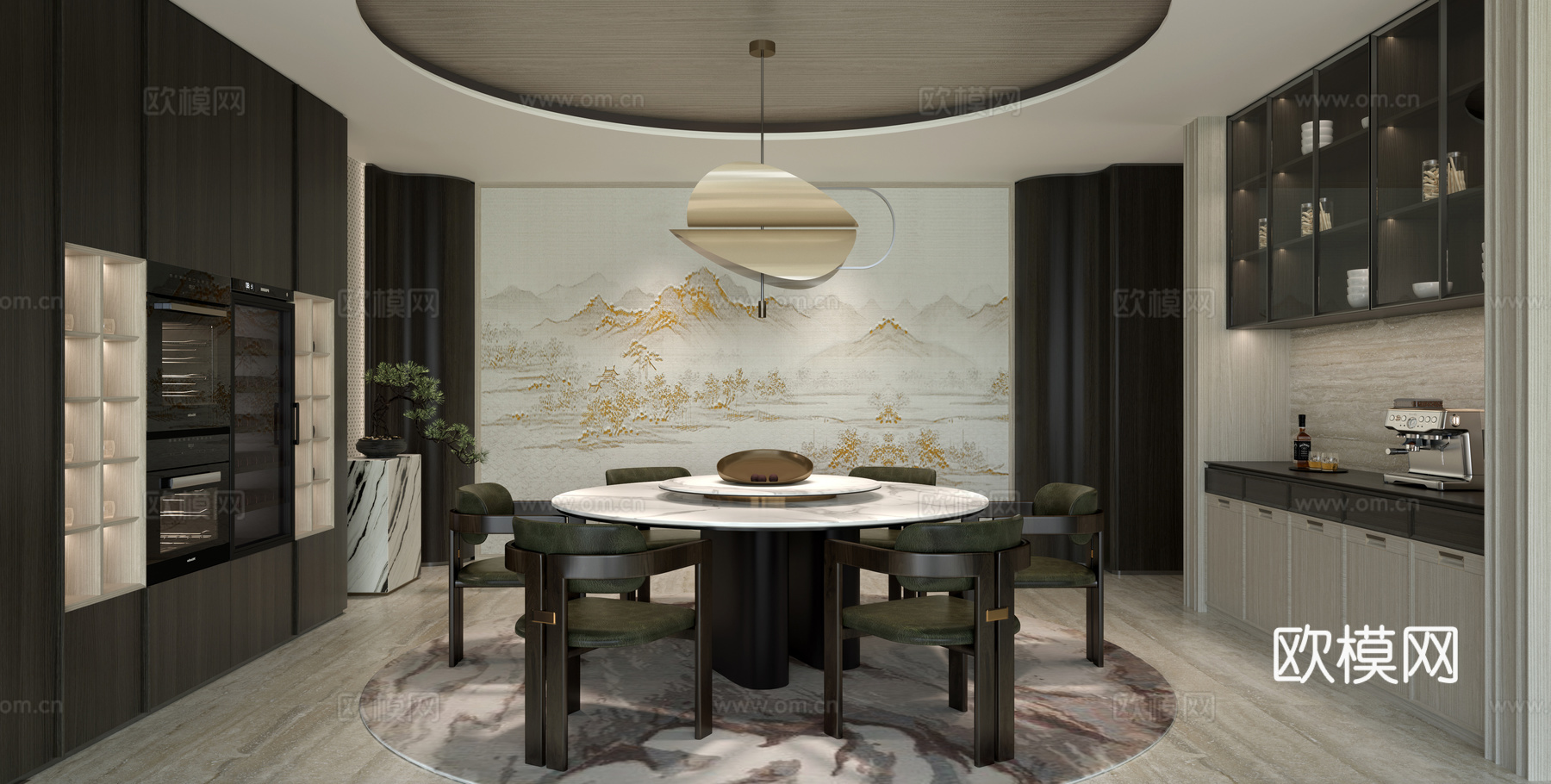 新中式餐厅 宋氏餐厅 餐桌圆桌 餐边柜 吊灯 酒柜 咖啡机3d模型