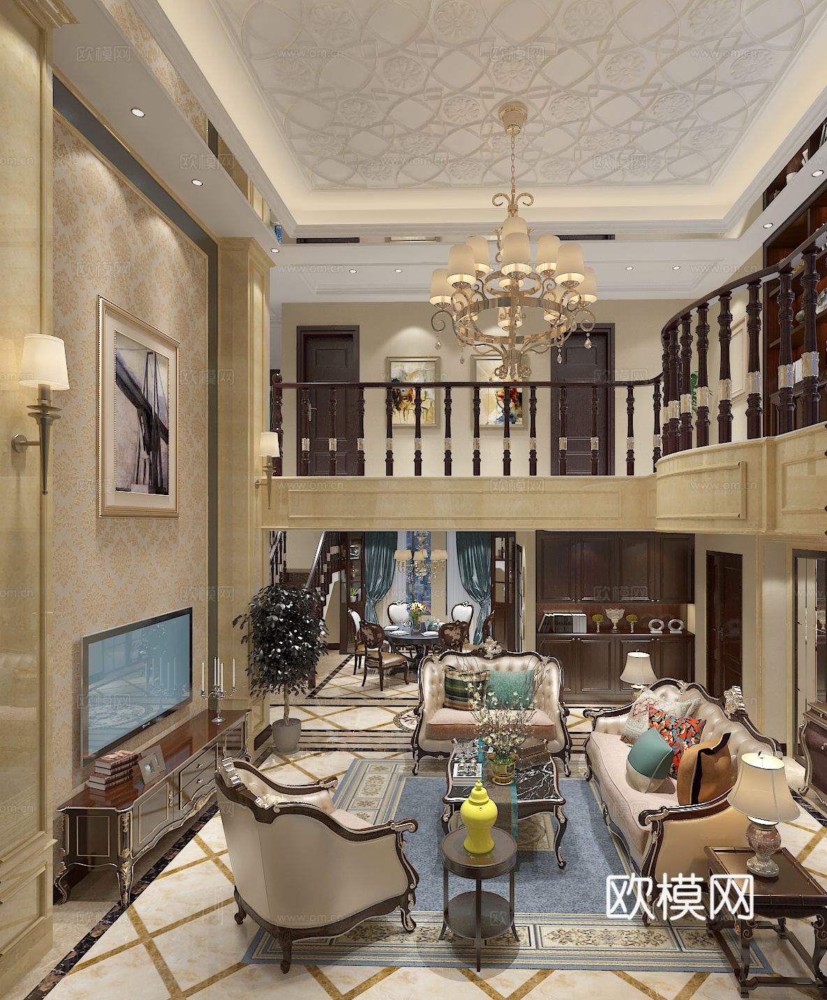 美式客餐厅沙发茶几3d模型
