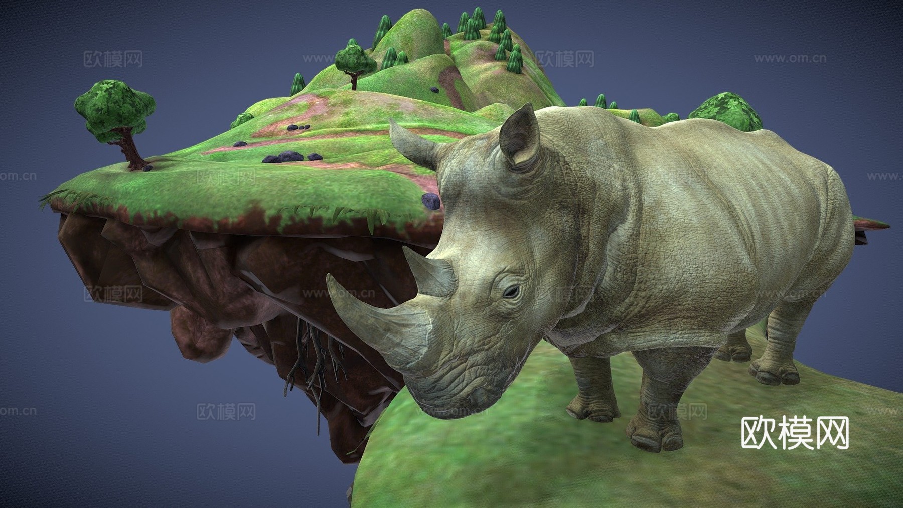 漂浮幻想岛上的动画犀牛循环3d模型
