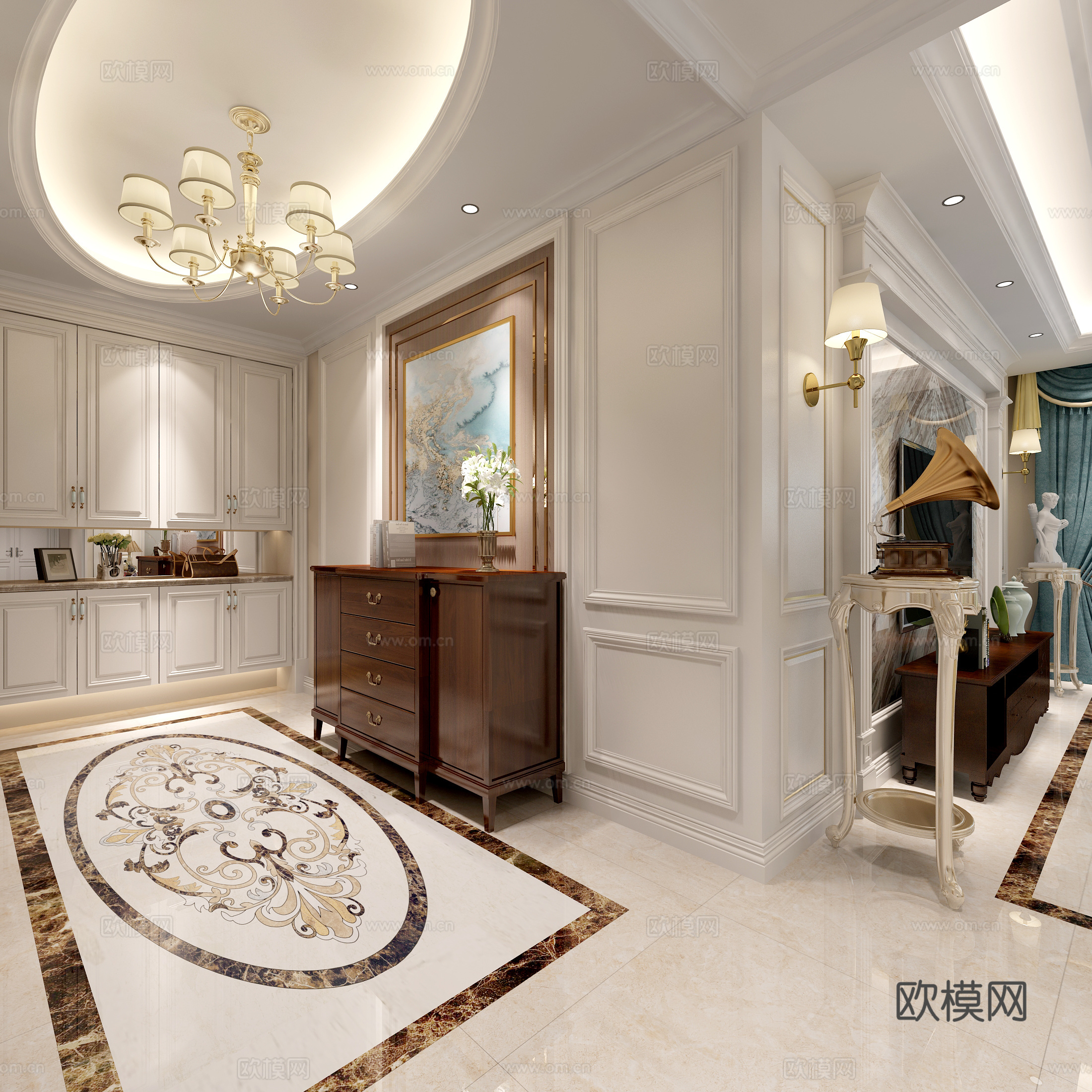 美式客餐厅  沙发茶几 餐桌椅 吊灯  挂画 鞋柜  电视柜3d模型