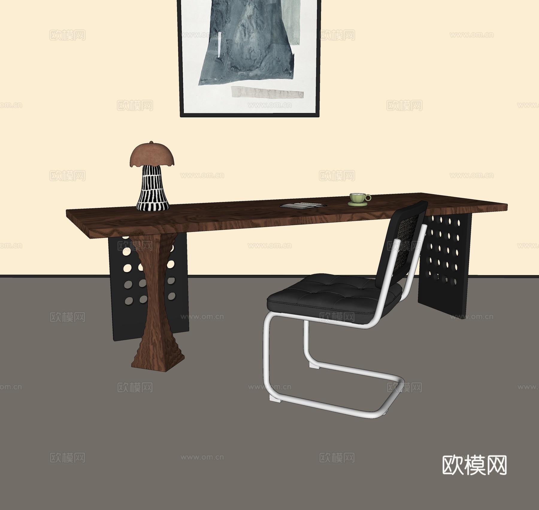 中古风书桌椅 复古风书桌椅 侘寂风书桌椅 台灯su模型