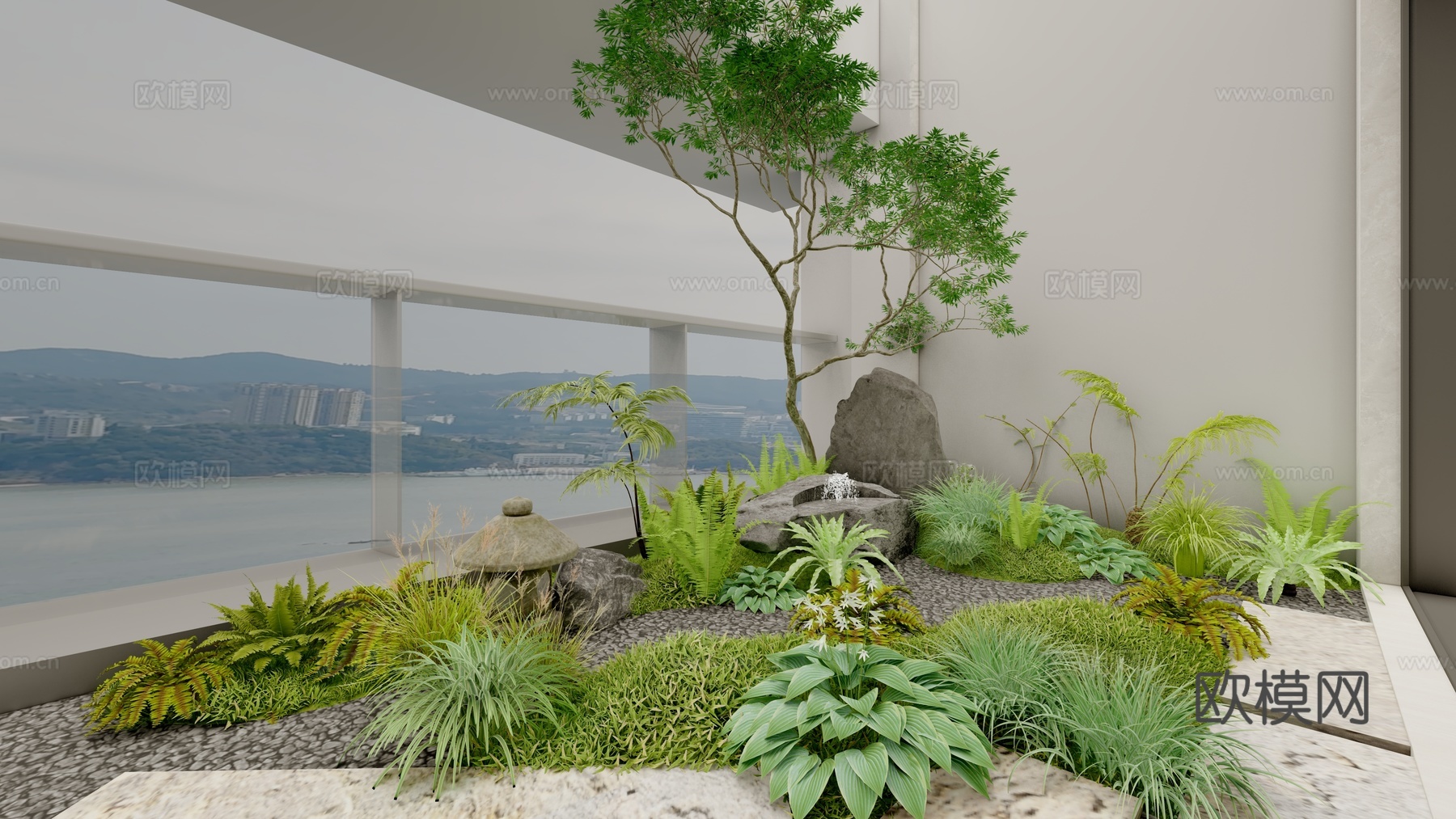现代休闲阳台新中式风格景观设计景观汀步植物造景蕨类植物su模型