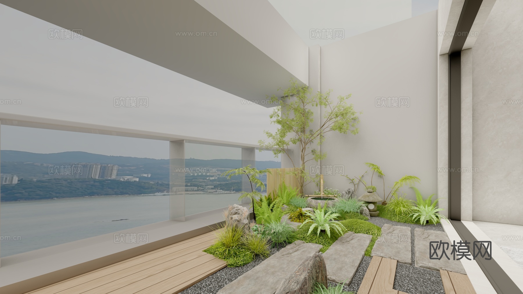现代休闲阳台新中式风格景观设计景观汀步植物造景蕨类植物流水石su模型