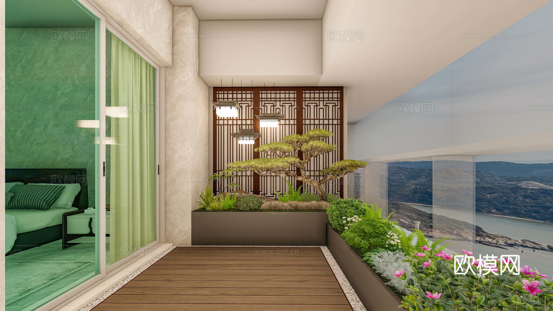 现代休闲阳台新中式风格景观设计su模型