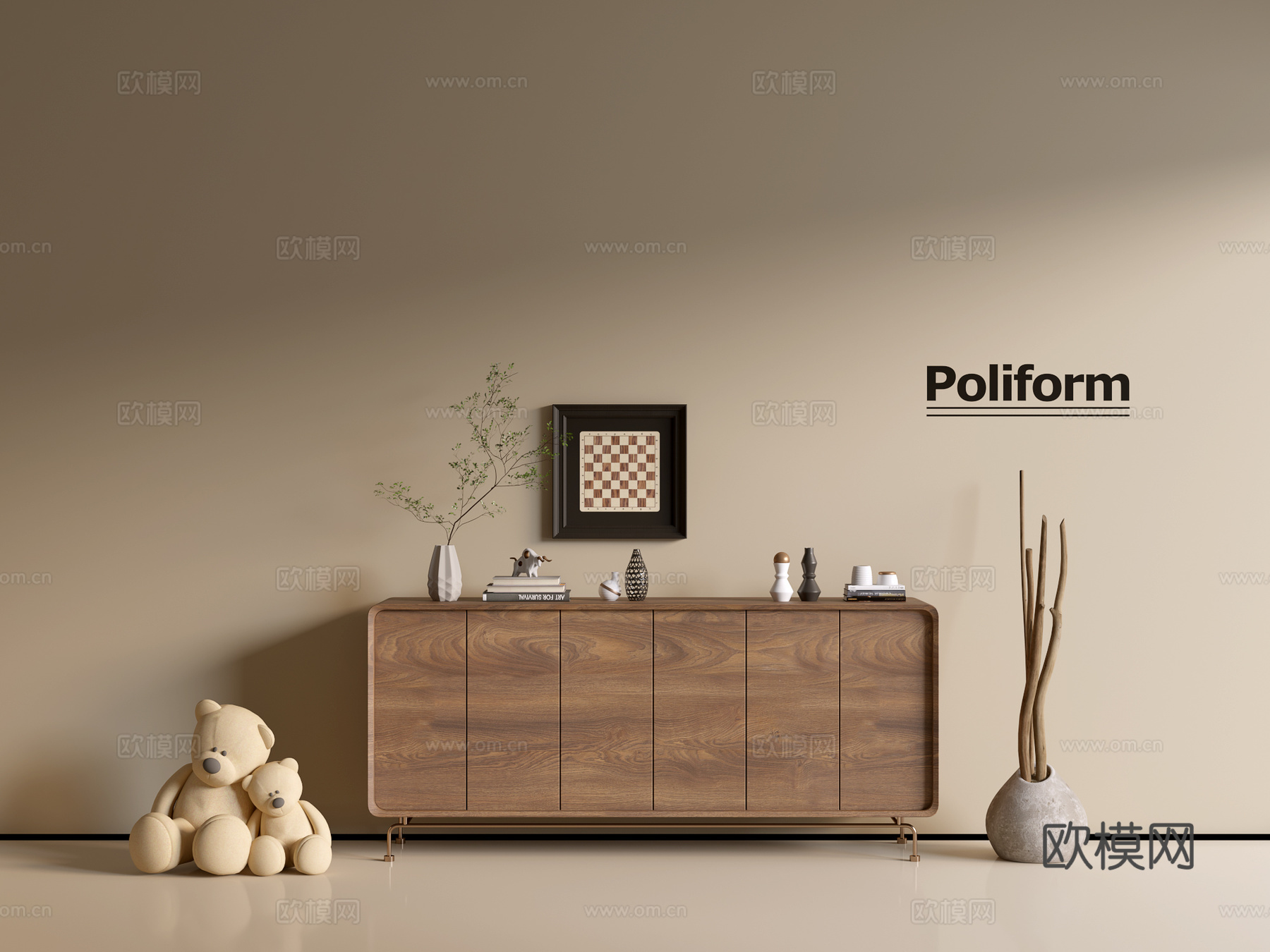 现代木纹电视柜 简约边柜 斗柜 矮柜  整体柜 餐边柜 阳台su模型下载（渲染图1）