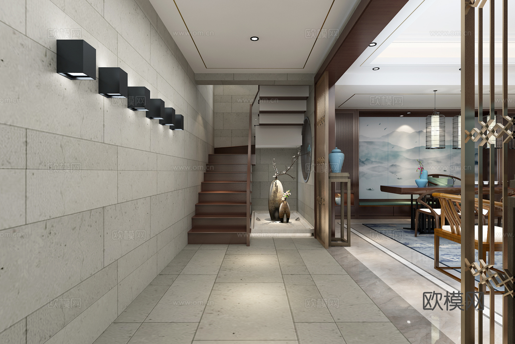 新中式会客厅 阳台 厨房 玄关 楼梯 壁灯 吧台 茶台 古筝3d模型