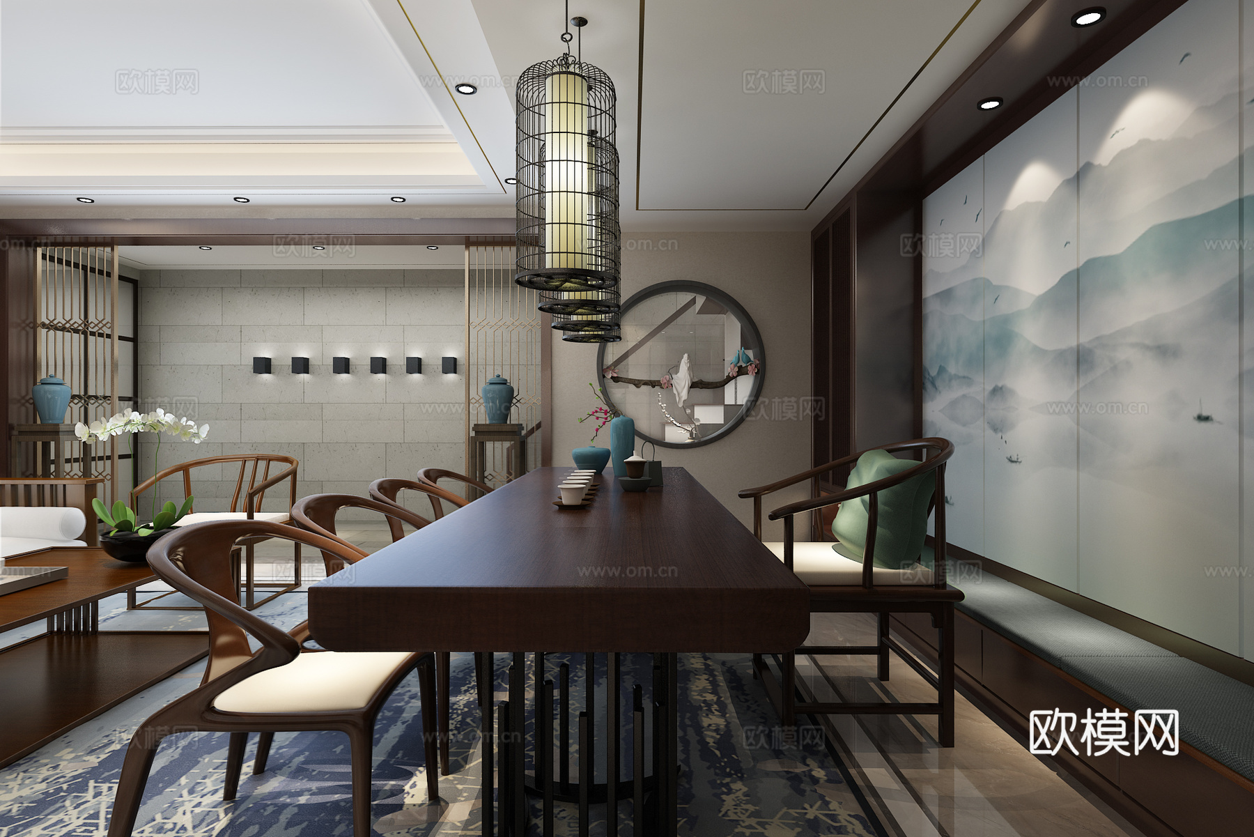 新中式会客厅 阳台 厨房 玄关 楼梯 壁灯 吧台 茶台 古筝3d模型