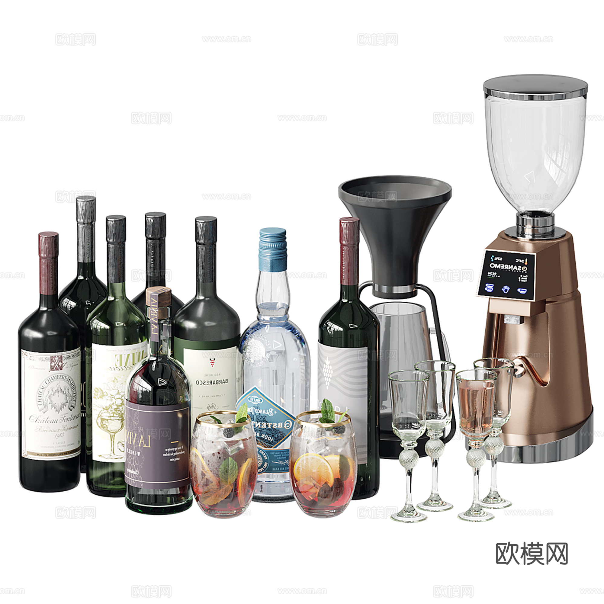 现代酒瓶 红酒 酒杯 咖啡机su模型