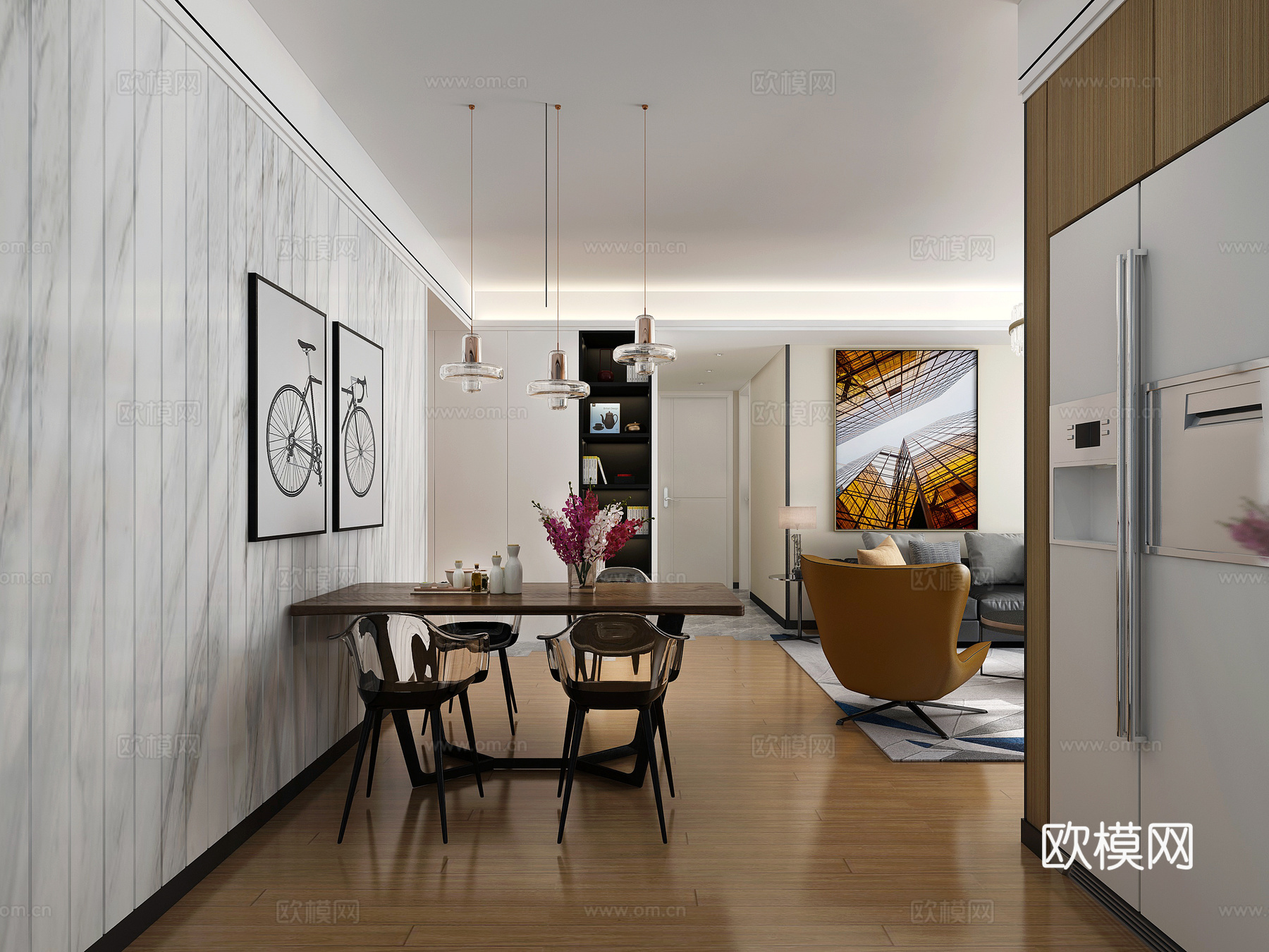 现代简约客厅 沙发 餐桌椅 灯具 装饰画3d模型