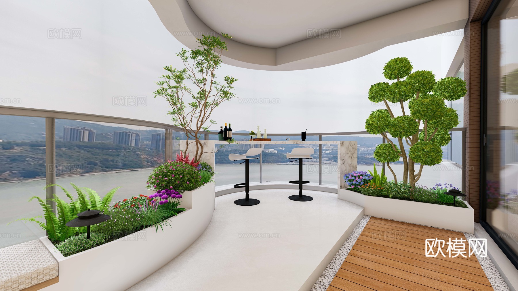 现代休闲阳台简约风格景观设计景观吧台花箱座椅su模型su模型